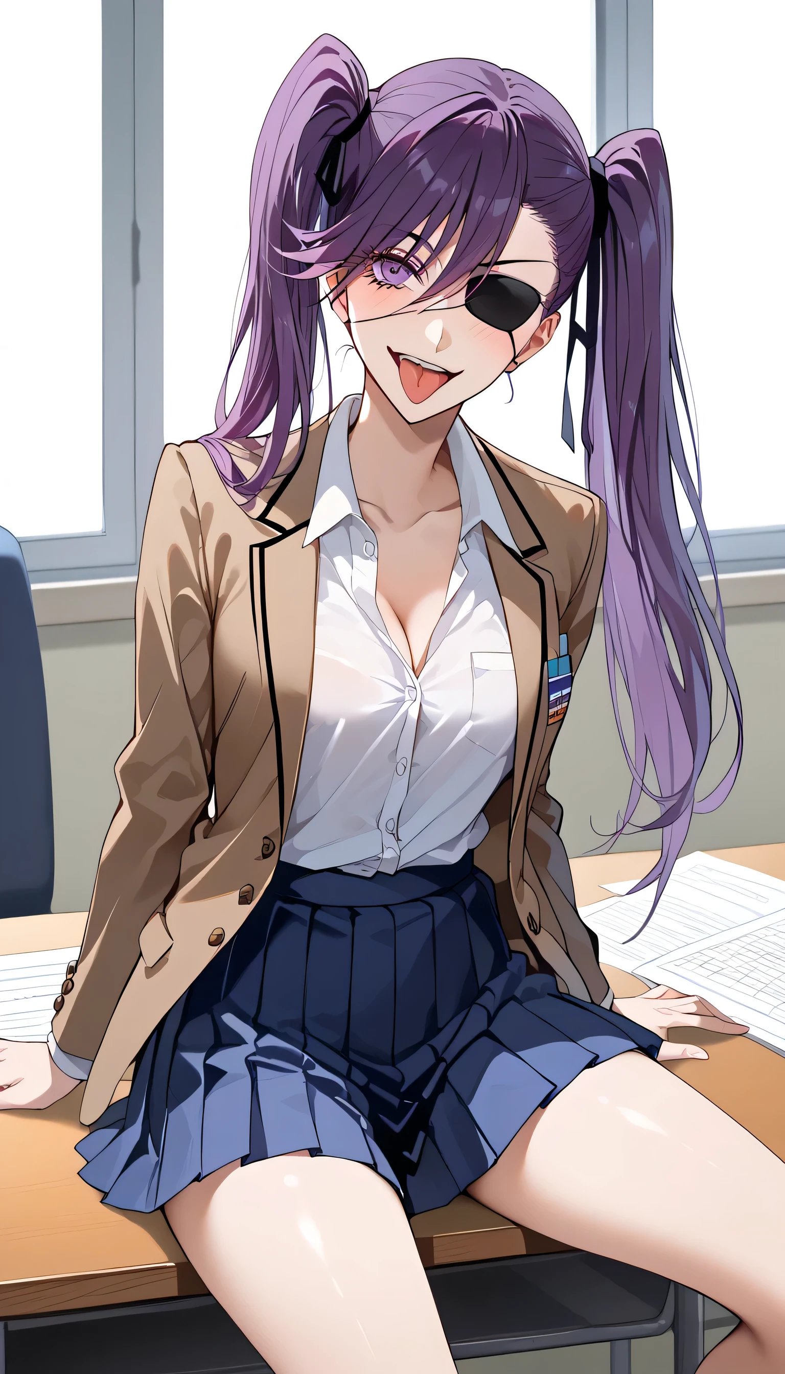 Eye patch、M字Leg spread、Open crotch to see underpants 、white eye patch 、 score_9,  score_8_up,  score_7_up,  score_6_up,4K,   source_anime, alone,  1 woman, saito_Furofushi  ,JK Cosplay、 high school girl cosplay 、 A woman in her thirties、Heavy breathing、Heavy breathing、 Yandere,  Yandere、  Eerie Smile , Crazy Laughter,、A woman around 30 years old、 pleated skirt、 I'm holding back laughter from the edge of my mouth, Watching viewers on the White Eye Patch、M字Leg spread、 sitting at a desk 、 crotch、Wide Stride、 open legs、 is sitting at her desk、 brown blazerを羽織る、 purple hair、Long sleeve shirt、 pleated mini skirt、 twin tails that extend to the waist、 open legs so open that you can see uniform 、Open your chest、uniform、School corridor、A shirt with an open chest 、gal、 Yandere,  Yandere、 loose uniform 、Touch your hair with your right hand、My right hand is touching my hair 、  Eerie Smile , Crazy Laughter,  I'm holding back laughter from the edge of my mouth,  brown blazer、Aggressive face、 pleated skirt、 Yankee、Sit on a desk、 wicked laugh、 pull out the velcro from the side of the mouth 、 slacken  、 pants worn loosely、Smaller breasts、Beautiful breasts、 I'm sticking my tongue out from the side of my mouth 、 open legs left and right、Leg spread