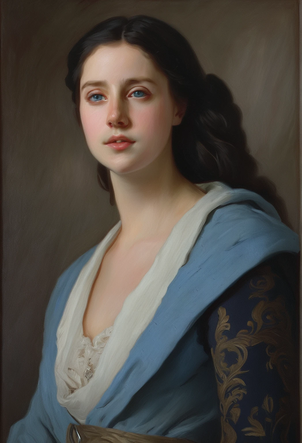 oil painting on canvas, Portrait of a beautiful young girl, dark hair, blue eyes, 18th century, Correct anatomy, Soft light, Sergeant style, Illustration by Greg Rutkowski., Vladimir Volekov