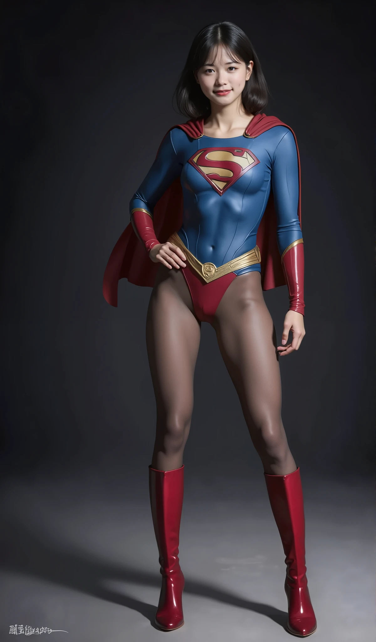 No background、(((Beautiful legs in black tights.)))、(((Legally express the beauty of your smile)))、((((Make the most of your original images)))、(((Supergirl Costume)))、(((Beautiful boyish short hairstyle)))、(((suffering)))、(((Please wear black tights....、Wear red boots)))、((Best image quality、8k))、((Highest quality、8k、masterpiece:1.3))、(((Preserve background )))、Sharp focus:1.2、Beautiful woman with perfect figure:1.4、Slim Abs:1.2、Wet body:1.5、Highly detailed face and skin texture、8k