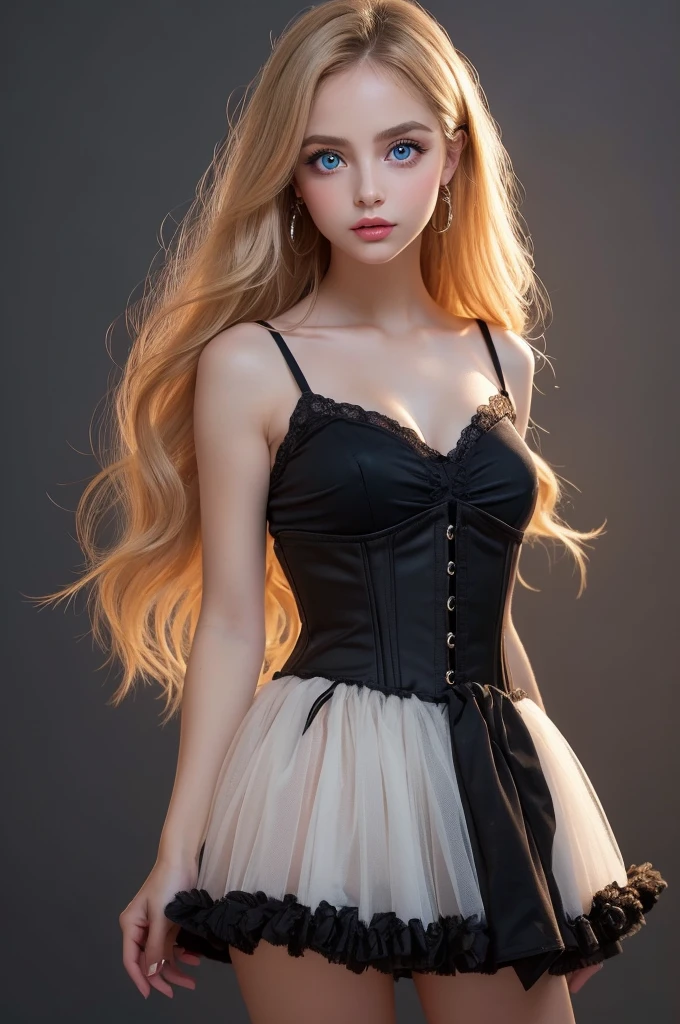 Photographically, very detailed, Very real, hyperrealism , super realistic, best quality,(masterpiece, soft lighting, Stylish eyes with attention to detail : 1.2), a pretty young girl,(cute), sleeveless, sheer off-the-shoulder tutu,Can you loosen the corset strings on my back？,Fashion studio white background,She is standing,( Full Body Portrait :1.6), no makeup in the coal mine,Highlight your lips,Big Mouth , Thick lips, brown eyes ,Fuller lips, glossy lips in the ruins of the city, My lips are shiny with lip balm , blonde hair, (Perfect oval for big eyes), blue beautiful perfect eyes , (Charming young woman:1.3), (Charming:1.1),