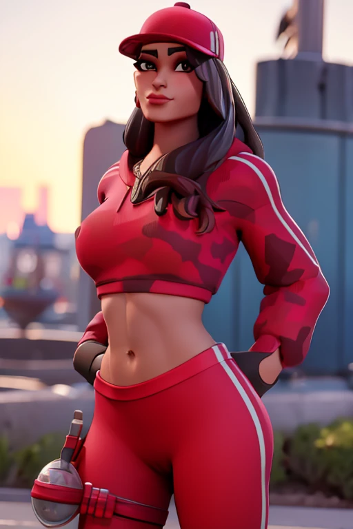 rubies , (fortnite),1fille, Alone,  Long Hair, regardant le spectateur,  smile, Breasts, city background, bout, camel toe, chemise moulante, Closed Mouth, portrait, pull rouge, tight pants, red sports pants, attractive, Realistic,  Best quality ,  masterpiece , ultra detail, ultra haute résolution,  extreme details, 8k, Ultra HD