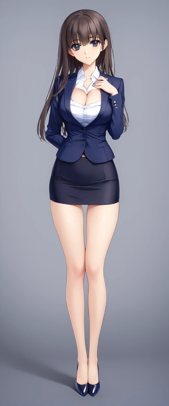 Megumi Kato,  1 girl, Alone, bangs,  brown hair, (((Female lawyer, ( formal suit micro mini skirt,  マイクロミニ pencil skirt),  white shirt,   Navy Blue Jacket,Big Breasts、 cleavage、Thin legs、The white panties are visible from the hem of the skirt、My thighs aren't wearing anything))), perfect body for a lawn,  Anime Virtual YouTuber Full Body Model , Full body of a single character,  standing in a splendid posture , short! pencil skirt,  full body shot超詳細、 skinny, Alone, 1 female,   Masterpiece ,   best quality ,   best quality , 16k,  unbelievably ridiculous,  high definition, 2.5D, AI-generated, Delicate and dynamic,  Very delicate facial expression, Delicate eye depiction,  erotic, only  sexy woman, ((A cute and kind face、Looking up)), Healthy body shape, ((25-year-old woman)), Height: 170cm,  Moderately Firm Swaying Bust , sexy, (( Thin Thighs )),,  shiny,  Facing Viewers , smile, ((Oily_skin)), (((( full body shot、)))), (( erotic pose)),  fashion model posing with faded gray hair,   fashion model style DJ, 