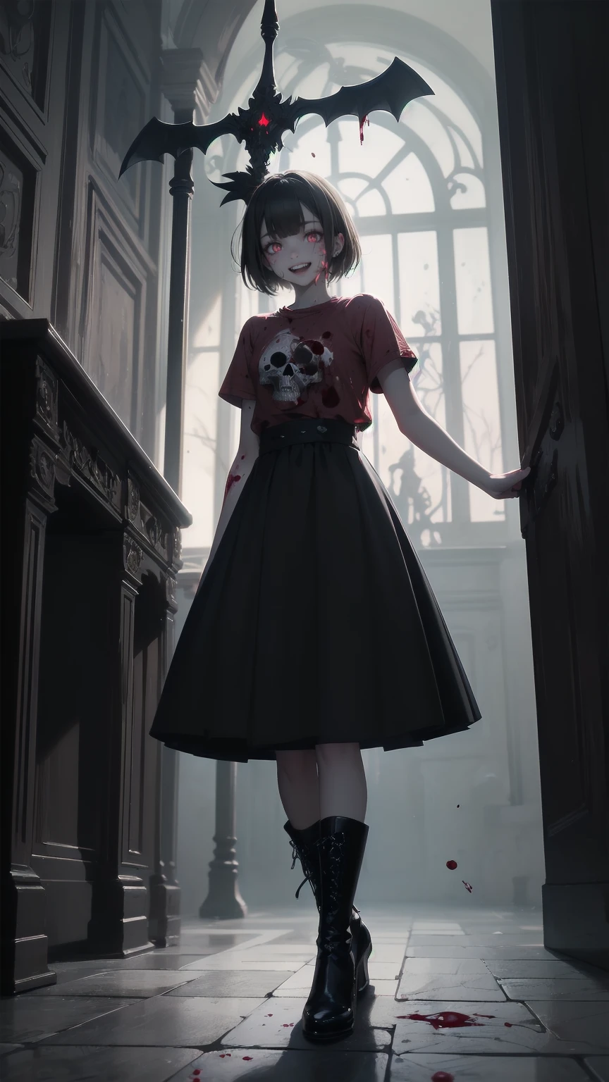 Shadowy Face　、beautiful girl、とてもcute天使、 pink t-shirt 、cute、baby face、smile、 Long Skirt、 BLACK LONG BOOTS 、.(  best quality ,4K, high definition ,  Masterpiece :1.2),  very detailed,Realistic:1.37,  Spooky altar background  ,Dark fantasy,Red Scheme ,Ominous atmosphere,Eye-catching,story,anatomy,Anime Style,  concept art,beautiful細部までこだわった顔と (((red eyes ))),A terrifying ritual ,Satan's Ritual  ,Premature death,Inappropriate behavior, smile ,Scythe Face,Girl Monster, beautiful,  delicate facial features,   sharp eye,  sharp fangs, pale Skin, Dark Background,   movie lights, Dramatic Shadows,  gothic,   Being in a Dark Atmosphere , Dark fantasy, 1 person&#39;S,  please open your mouth wide ,  In the dark atmosphere of 。 open your mouth and peel your fangs  , Beastly Sharp Teeth , Wide lips, Very big mouth,  red cheeks , ,( Blood Splatter :1.4),Scary smile, smile, angel design , TwiSted smile、Bloody、Head bleeding,,,,,、 Blood Splatter 、,( Blood Splatter :1.4), skull bones,devil&#39;s gun,Horror Style, (( Fantasy Sweet Taffle Ruffle Pink Costume)), ((  Flowing blonde hair  )), ,( Blood Splatter :1.4),Female Curves,  sexy flat stomach ,   perfect hand, Perfect anime face, (Pink Tata Dress)),  standing, ((悪のsmile)), ,( Blood Splatter :1.4), Steam circulation, Moonlight Illumination, night lighting, ( Blood Splatter :1.6),アニメ angel design , TwiSted smile、Bloody、Head bleeding,,,,,、 Blood Splatter 、,( Blood Splatter :1.4),  skull bones,Gothic architecture、Western architecture、  fantasy world  、,Victorian city, Skeleton Gas Light, absurd,  high definition 、 ((   table top naked underneath the jacket)), ((  best quality )), (  very detailedな), ((  very detailed)), (beautiful), ((cute)), (NFSW:1.8), Alone,(:1.6)、(world&#39;最も恐ろしく気味の悪いdevilの女の子:1.5)beautiful face、  Full Body Esbian 、pale, beautiful肌、beautiful金の髪、smile gently、Dark building ruins、(snow white&#39; ruffle dress:1.3)、( Dark Ruins Are Stained with Blood :1.3)、Low angle full body shot、(少女は血の海の中に standing:1.5)、(The ground :1.3)、( that girl lost a ton of blood ....:1.3)、( smile :1.6)、Spirit、( Blood dripping from the mouth :1.3)、
