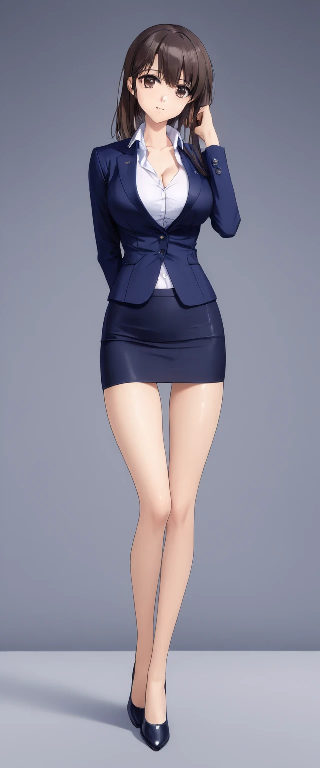 Megumi Kato,  1 girl, Alone, bangs,  brown hair, (((Female lawyer, ( formal suit micro mini skirt,  マイクロミニ pencil skirt),  white shirt,   Navy Blue Jacket,Big Breasts、 cleavage、Thin legs、The white panties are visible from the hem of the skirt))), perfect body for a lawn,  Anime Virtual YouTuber Full Body Model , Full body of a single character,  standing in a splendid posture , short! pencil skirt,  full body shot超詳細、 skinny, Alone, 1 female,   Masterpiece ,   best quality ,   best quality , 16k,  unbelievably ridiculous,  high definition, 2.5D, AI-generated, Delicate and dynamic,  Very delicate facial expression, Delicate eye depiction,  erotic, only  sexy woman, ((A cute and kind face、Looking up)), Healthy body shape, ((25-year-old woman)), Height: 170cm,  Moderately Firm Swaying Bust , sexy, (( Thin Thighs )),,  shiny,  Facing Viewers , smile, ((Oily_skin)), (((( full body shot、)))), (( erotic pose)),  fashion model posing with faded gray hair,   fashion model style DJ, 