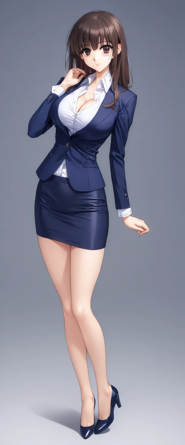 Megumi Kato,  1 girl, Alone, bangs,  brown hair, (((Female lawyer, ( formal suit micro mini skirt,  マイクロミニ pencil skirt),  white shirt,   Navy Blue Jacket,Big Breasts、 cleavage、Thin legs、The white panties are visible from the hem of the skirt))), perfect body for a lawn,  Anime Virtual YouTuber Full Body Model , Full body of a single character,  standing in a splendid posture , short! pencil skirt,  full body shot超詳細、 skinny, Alone, 1 female,   Masterpiece ,   best quality ,   best quality , 16k,  unbelievably ridiculous,  high definition, 2.5D, AI-generated, Delicate and dynamic,  Very delicate facial expression, Delicate eye depiction,  erotic, only  sexy woman, ((A cute and kind face、Looking up)), Healthy body shape, ((25-year-old woman)), Height: 170cm,  Moderately Firm Swaying Bust , sexy, (( Thin Thighs )),,  shiny,  Facing Viewers , smile, ((Oily_skin)), (((( full body shot、)))), (( erotic pose)),  fashion model posing with faded gray hair,   fashion model style DJ, 