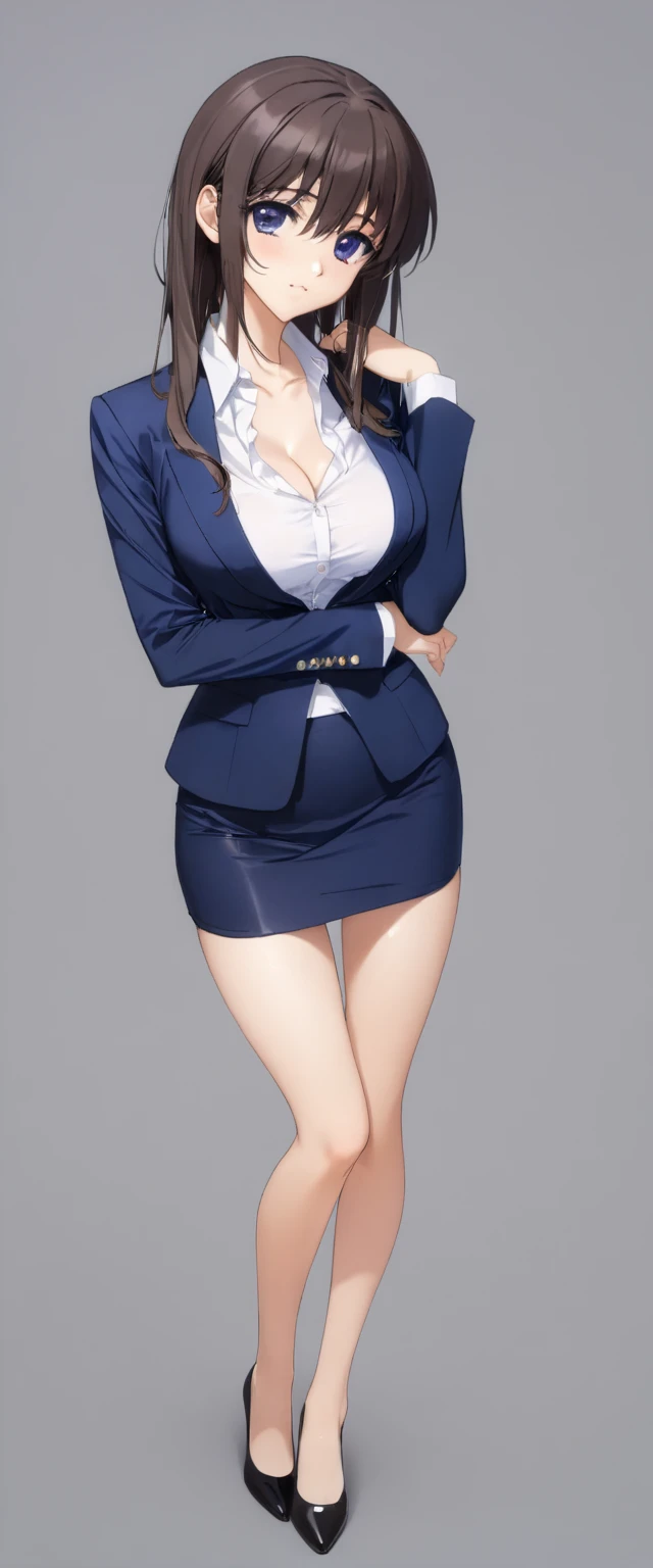 Megumi Kato,  1 girl, Alone, bangs,  brown hair, (((Female lawyer, ( formal suit micro mini skirt,   Micro Mini Pencil Skirt),  white shirt,   Navy Blue Jacket,Big Breasts、 cleavage、Thin legs、The white panties are visible from the hem of the skirt,The white panties are visible from the hem of the skirt))), perfect body for a lawn,  Anime Virtual YouTuber Full Body Model , Full body of a single character,  standing in a splendid posture , short!,  full body shot超詳細、 skinny, Alone, 1 female,   Masterpiece ,   best quality ,   best quality , 16k,  unbelievably ridiculous,  high definition, 2.5D, AI-generated, Delicate and dynamic,  Very delicate facial expression, Delicate eye depiction,  erotic, only  sexy woman, ((A cute and kind face)), Healthy body shape, ((25-year-old woman)), Height: 170cm,  Moderately Firm Swaying Bust , sexy, (( Thin Thighs )),,  shiny,  Facing Viewers , smile, ((Oily_skin)), (((( full body shot、)))), (( erotic pose)),  fashion model posing with faded gray hair,   fashion model style DJ, (Simple Background)