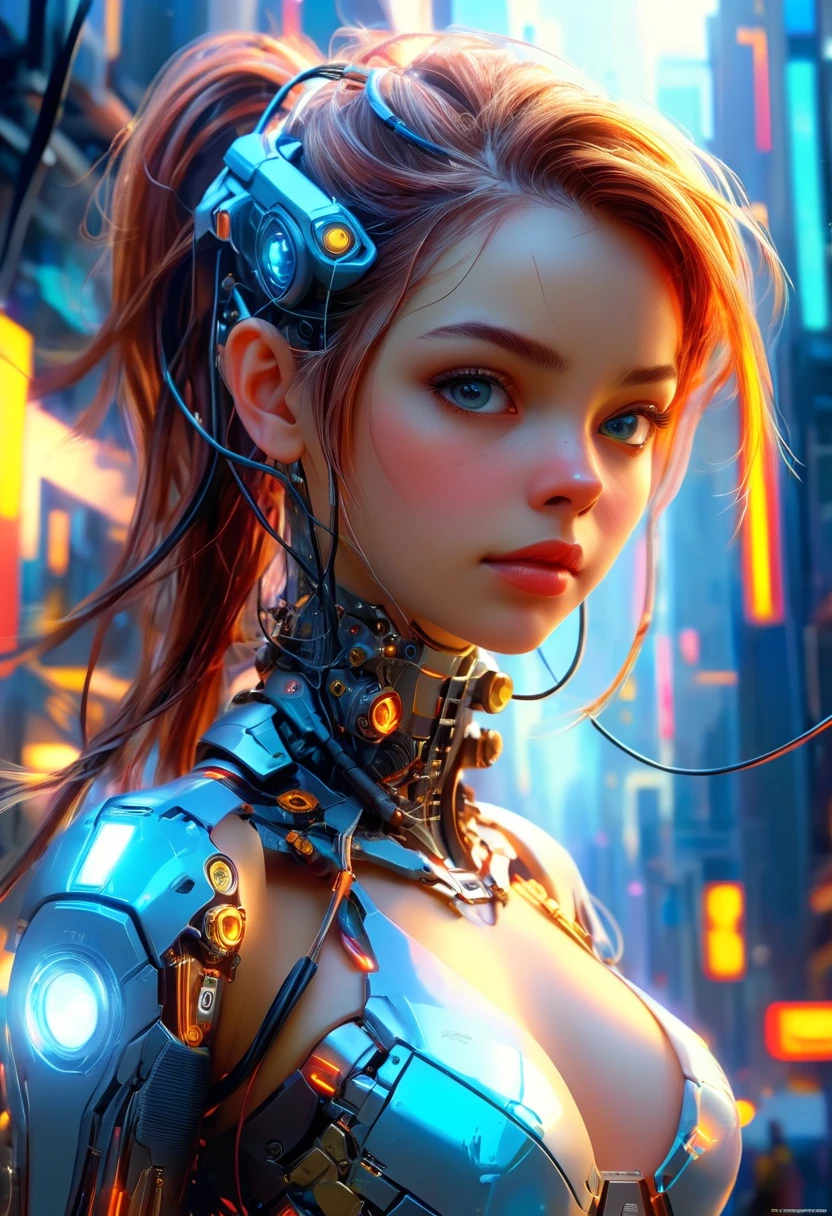 ((1 cybernetic girl)) (mechanical made limbs s:1.2),((mechanical limbs)),(blood vessels connected to tubes),(mechanical vertebra attaching to back),((mechanical cervical attaching to neck)),expressionless,(wires and cables attaching to neck:1.2),(wires and cables on head:1.2),(character focus), (((masterpiece))), (((best quality))), ((ultra-detailed)), (highly detailed CG illustration), ((an extremely delicate and beautiful)),cinematic ,science fiction,extreme detailed,colorful,highest detailed, loongs,fengs, cyberpunk city background. INFO