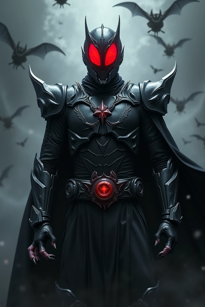 A dark, eerie scene featuring a character with white hair and red glowing eyes. The character is wearing a black outfit with a high collar, and a black mask covering the lower half of their face. The background is dimly lit, adding to the mysterious and ominous atmosphere. The character's red eyes stand out prominently against the darkness. The image is vertically oriented.One boy