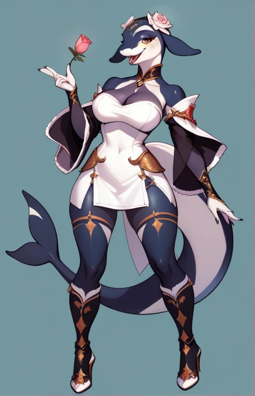 ((Absol)), anthropomorphic, large breasts, big butt, pokemorph, (((1girl))), (((dark blue and white striped bikini top))), (dark blue and white striped bikini bottoms), (black Hawaiian shirt), (dark blue sandals), full body, cute and sexy, white skin, (half frame sunglasses), long slender legs, smiling