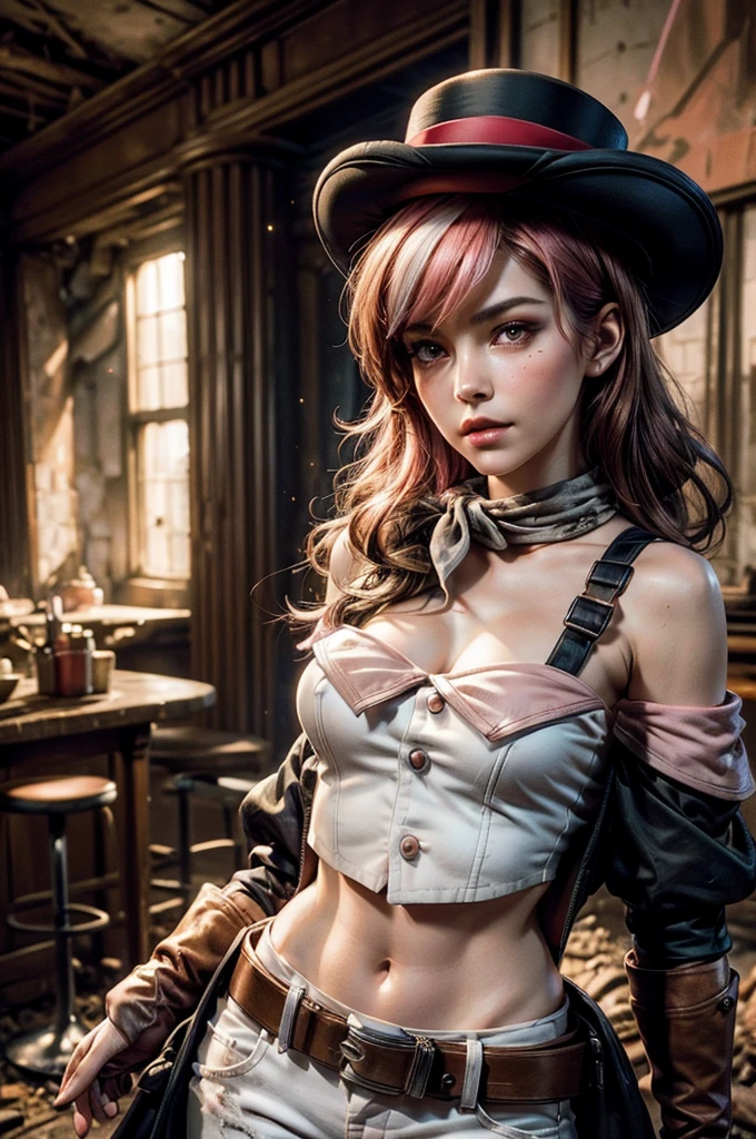 pink and brown hair, multicolored hair, neopolitanatlas, bowler hat, grey scarf, white gloves, white shirt, off-shoulder shirt, black sleeves, midriff, white belt, white pants, post apocalyptic scene, inside old building, debris, bonfire, standing near soldiers, crowd, ((night, stars)), cowboy shot, masterpiece, heart shaped face, elegant face, beautiful face, highly detailed cafe, face, highly detailed skin, skin pores, subsurface scattering, realistic pupils, looking at viewer, full lips, detailed background, depth of field, atmospheric perspective, volumetric lighting, sharp focus, absurdres, realistic proportions, good anatomy, (realistic, hyperrealistic:1.4), 16k hdr,