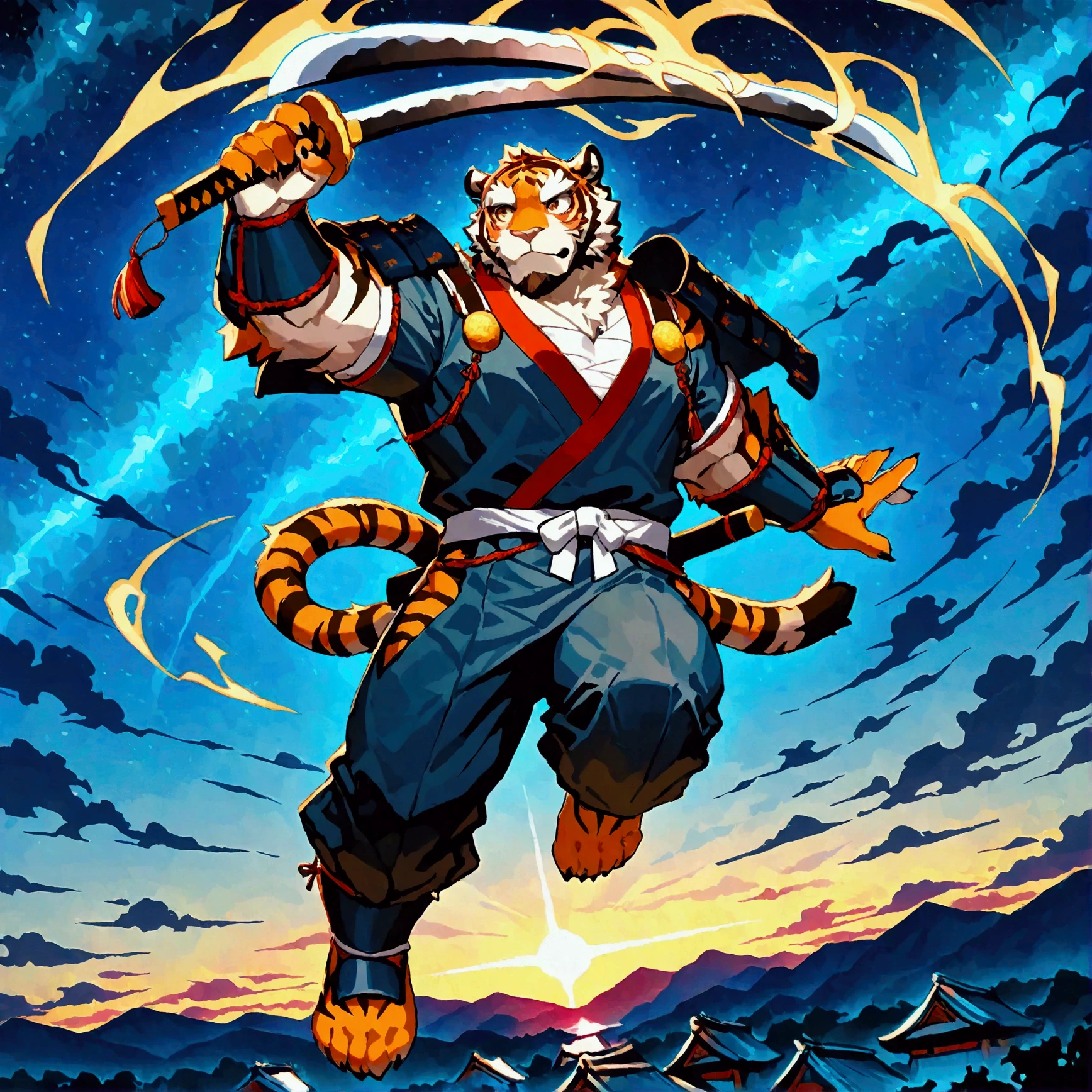 character focus, full body, looking away, dynamic angle, samurai, middle-aged Japanese tiger man, samurai costume clothes, samurai armor, shirt, pants, holding katana, dynamic pose, BREAK full body in Michelangelo Buonarroti style, housamo style, digital illustration anime, detailed painting landscape, starry sky, kyoto, Japanese shrine, outdoor, full color, HDR, BREAK complete anatomy, perfect proportions, beautiful thigh gap, fluffy body, intricate fur details, beautiful fur texture, BREAK a detailed tiger 1tail, detailed toe, 4toes, 4toes nails, detailed foot, detailed hands, 5fingers, 5fingers nails, BREAK aesthetic anime face, insanity detailed face, male face, big face, square jawline, aesthetic anime eyes, detailed brown eyes, detailed brown cornea, detailed dark brown irises, detailed pupils, male eyes, big eyes, male eyebrows, innocent look, beautiful beard, BREAK masterpiece, official art, best quality, very aesthetic, absurdres, super fine illustration, great quality, BREAK noise reduction, very highres, large filesize, high quality, 32K, 8k wallpaper, dynamic lighting, BREAK insanity detailed, ultra detailed, intricate details, extremely detailed, detailed texture, an extremely delicate and beautiful, BREAK e621 illustration, osukemo, kemohomo, anthropomorphic, furry, cartoon, harmonious, pastoral face, virtuous eyes, mysterious atmosphere