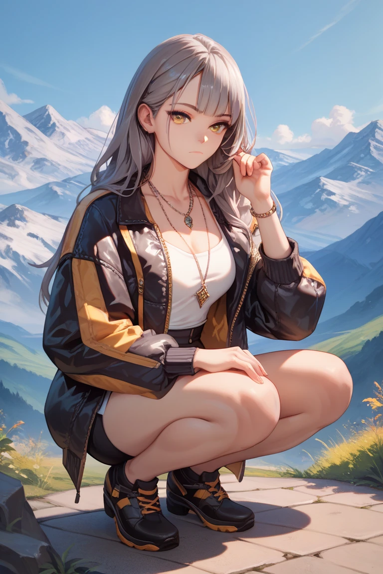 1girl, stelle hsr, solo, squatting, full body, yellow eyes, looking at viewer, long hair, grey hair, closed mouth, hand up, necklace, open jacket, mountains in the background