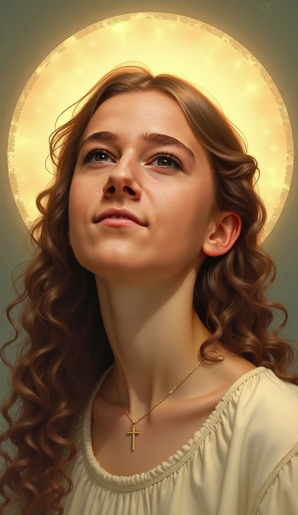 ((high resolution)), pale skin, freckled, brunette 13 year old girl, ((small breasts)), long curly hair, as a fantasy priestess, sun shining behind head, in the style of William-Adolphe Bouguereau