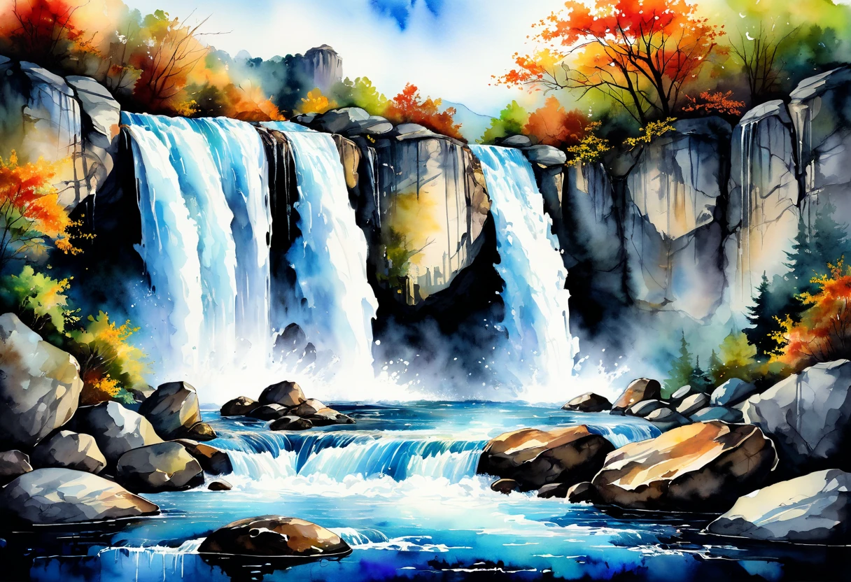  The painting inspires and fascinates with its beauty .  The waterfall and the spreading water of the waterfall over stones and rocks. Rocks clamp the waterfall .  Super clear vector painting .  Photographic clarity.  Use the alcohol ink technique in the image  .  Watercolor painting .