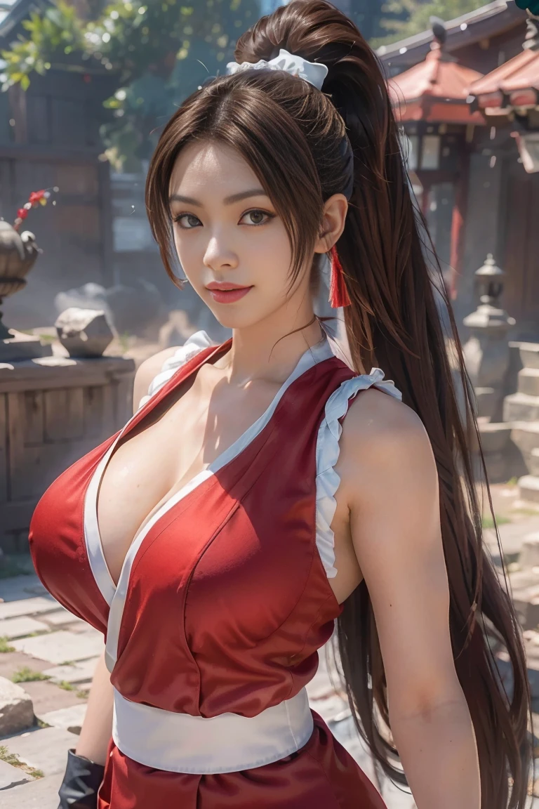 Mai Shiranui  ,   Brown Eyes  ,   Japanese Beauty，smile long hair,  brown hair, ( red clothes:1.3)，super Big Breasts，   sleeveless,   ponytail,  pelvic curtain, Arm guard, Gloves, or，full的胸部，   Seductive Expression  , Sexy Eyes, Big Breasts, smile,   amazing,   viewer,  long hair, (  bust:1.2), (:1.2), (Panorama: 1.2), (  realism), (  Masterpiece :1.2), ( best quality), ( super detailed), (8k, 4K,  complicated), (85mm), light particles, light, (  very detailed:1.2), (  detail face :1.2), (  gradient ), sfv, rich and colorful, flower(  delicate eyes full of determination:1.2), (solid color background: 1.2),(   detailed background  ), (  dynamic angle  :1.2), (  dynamic pose with ladle :1.2), (   action line  :1.2),  wide angle lens , Big Breasts，Big Breasts，crowd，full，幸せなsmile，full的，  perfect eye details  ，cute