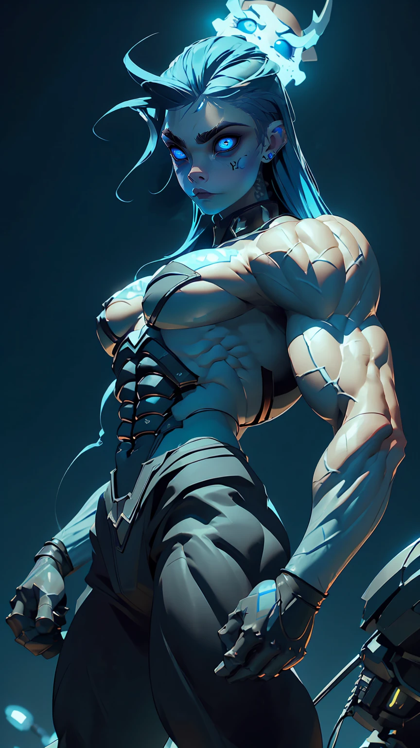 (1 girl), (Cara delevingne:1.25), beautiful teenage muscular goth cyborg girl, (black sclera:1.25), (blue glowing eyes:1.25), (blue glowing body veins:1.25),(((muscular bodybuilder physique:1.45))), ((((extreme muscular hypertrophy:1.25)))), (flat muscular pecs:1.25), (full Cyborg Bio-Mecha Armor:1.5), (skinny thin legs:0.75), (long blue glowing hair:1.5),(beautiful face:1.25), bimbo lips, cyberpunk city, gothic neon style, cyber punk style, Portrait shot