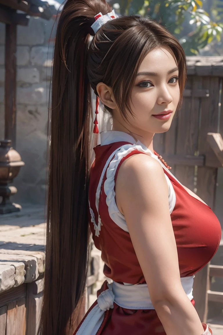 Mai Shiranui  ,   Brown Eyes  ,   Japanese Beauty，smile long hair,  brown hair, ( red clothes:1.3)，super Big Breasts，   sleeveless,   ponytail,  pelvic curtain, Arm guard, Gloves, or，full的胸部，   Seductive Expression  , Sexy Eyes, Big Breasts, smile,   amazing,   viewer,  long hair, (  bust:1.2), (:1.2), (Panorama: 1.2), (  realism), (  Masterpiece :1.2), ( best quality), ( super detailed), (8k, 4K,  complicated), (85mm), light particles, light, (  very detailed:1.2), (  detail face :1.2), (  gradient ), sfv, rich and colorful, flower(  delicate eyes full of determination:1.2), (solid color background: 1.2),(   detailed background  ), (  dynamic angle  :1.2), (  dynamic pose with ladle :1.2), (   action line  :1.2),  wide angle lens , Big Breasts，Big Breasts，crowd，full，幸せなsmile，full的，  perfect eye details  ，cute