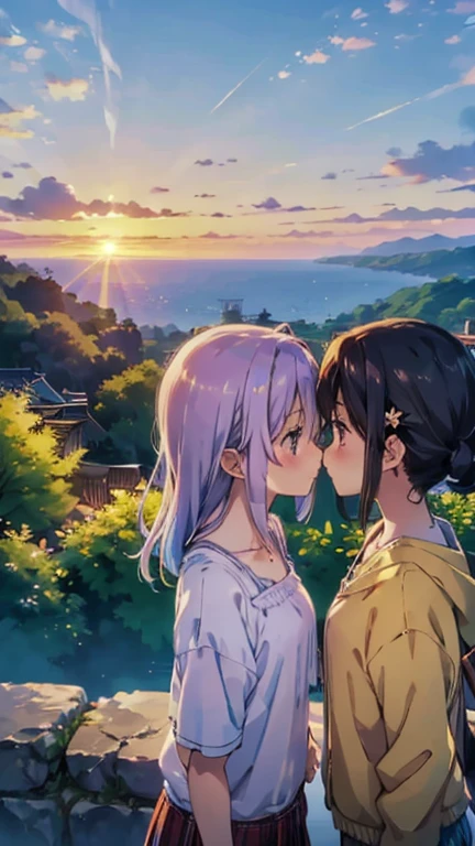  two girls、キスをしている two girls、Hill with a view of the sea、The sun goes down