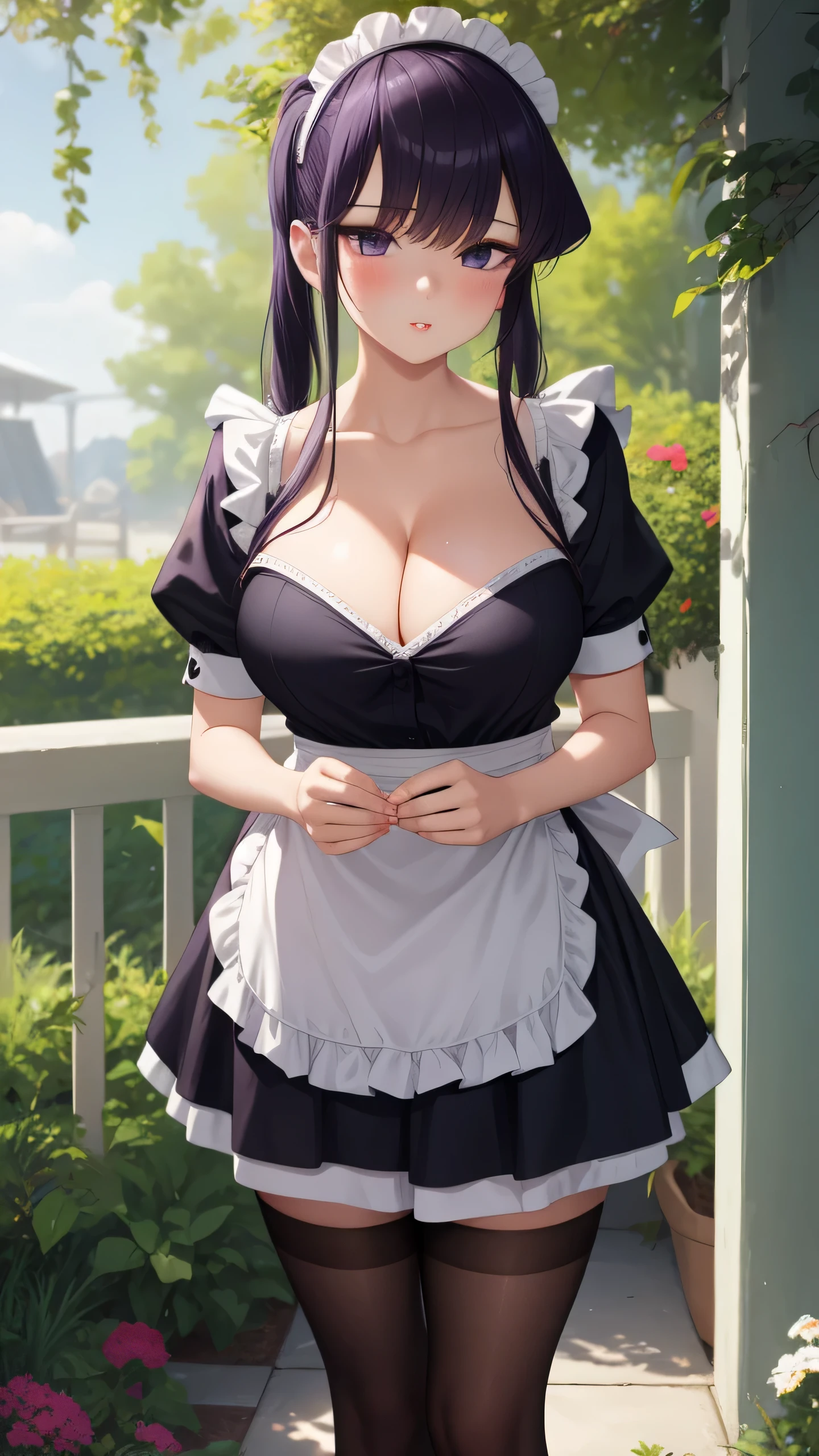 1girl, natural lighting, masterpiece, highly detailed, illustration, game CG, absurdres, high quality, Komi Shouko, (large breasts:1.5), purple eyes, beautiful detailed eyes, purple hair, long hair, twintails, bangs, glossy lips, lips parted, blush, garden, standing, maid, short puffy sleeves, small maid apron, white thigh highs, collarbone, cleavage, from below