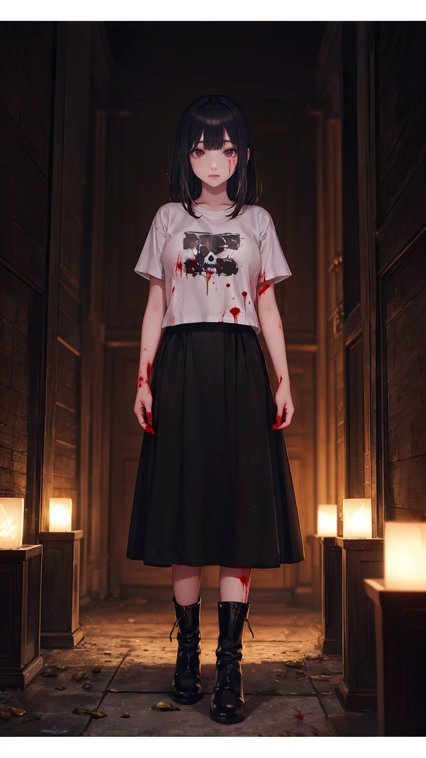 Shadowy Face　、beautiful girl、とてもcute天使、 pink t-shirt 、cute、baby face、smile、 Long Skirt、 BLACK LONG BOOTS 、.(  best quality ,4K, high definition ,  Masterpiece :1.2),  very detailed,Realistic:1.37,  Spooky altar background  ,Dark fantasy,Red Scheme ,Ominous atmosphere,Eye-catching,story,anatomy,Anime Style,  concept art,beautiful細部までこだわった顔と (((red eyes ))),A terrifying ritual ,Satan's Ritual  ,Premature death,Inappropriate behavior, smile ,Scythe Face,Girl Monster, beautiful,  delicate facial features,   sharp eye,  sharp fangs, pale Skin, Dark Background,   movie lights, Dramatic Shadows,  gothic,   Being in a Dark Atmosphere , Dark fantasy, 1 person&#39;S,  please open your mouth wide ,  In the dark atmosphere of 。 open your mouth and peel your fangs  , Beastly Sharp Teeth , Wide lips, Very big mouth,  red cheeks , ,( Blood Splatter :1.4),Scary smile, smile, angel design , TwiSted smile、Bloody、Head bleeding,,,,,、 Blood Splatter 、,( Blood Splatter :1.4), skull bones,devil&#39;s gun,Horror Style, (( Fantasy Sweet Taffle Ruffle Pink Costume)), ((  Flowing blonde hair  )), ,( Blood Splatter :1.4),Female Curves,  sexy flat stomach ,   perfect hand, Perfect anime face, (Pink Tata Dress)),  standing, ((悪のsmile)), ,( Blood Splatter :1.4), Steam circulation, Moonlight Illumination, night lighting, ( Blood Splatter :1.6),アニメ angel design , TwiSted smile、Bloody、Head bleeding,,,,,、 Blood Splatter 、,( Blood Splatter :1.4),  skull bones,Gothic architecture、Western architecture、  fantasy world  、,Victorian city, Skeleton Gas Light, absurd,  high definition 、 ((   table top naked underneath the jacket)), ((  best quality )), (  very detailedな), ((  very detailed)), (beautiful), ((cute)), (NFSW:1.8), Alone,(:1.6)、(world&#39;最も恐ろしく気味の悪いdevilの女の子:1.5)beautiful face、  Full Body Esbian 、pale, beautiful肌、beautiful金の髪、smile gently、Dark building ruins、(snow white&#39; ruffle dress:1.3)、( Dark Ruins Are Stained with Blood :1.3)、Low angle full body shot、(少女は血の海の中に standing:1.5)、(The ground :1.3)、( that girl lost a ton of blood ....:1.3)、( smile :1.6)、Spirit、( Blood dripping from the mouth :1.3)、
