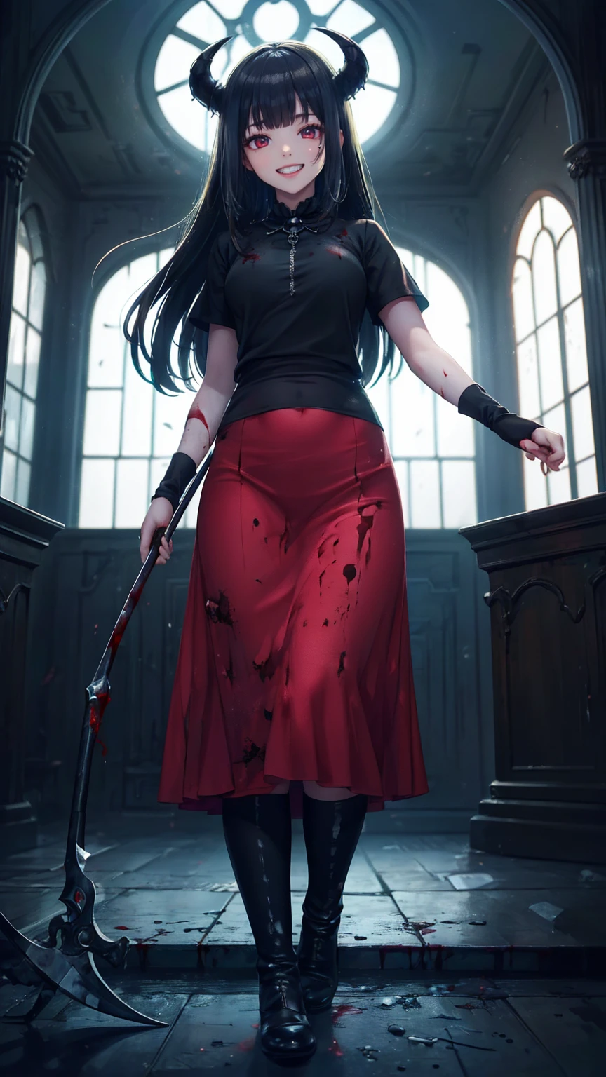 Shadowy Face　、beautiful girl、とてもcute天使、 pink t-shirt 、cute、baby face、smile、 Long Skirt、 BLACK LONG BOOTS 、.(  best quality ,4K, high definition ,  Masterpiece :1.2),  very detailed,Realistic:1.37,  Spooky altar background  ,Dark fantasy,Red Scheme ,Ominous atmosphere,Eye-catching,story,anatomy,Anime Style,  concept art,beautiful細部までこだわった顔と (((red eyes ))),A terrifying ritual ,Satan's Ritual  ,Premature death,Inappropriate behavior, smile ,Scythe Face,Girl Monster, beautiful,  delicate facial features,   sharp eye,  sharp fangs, pale Skin, Dark Background,   movie lights, Dramatic Shadows,  gothic,   Being in a Dark Atmosphere , Dark fantasy, 1 person&#39;S,  please open your mouth wide ,  In the dark atmosphere of 。 open your mouth and peel your fangs  , Beastly Sharp Teeth , Wide lips, Very big mouth,  red cheeks , ,( Blood Splatter :1.4),Scary smile, smile, angel design , TwiSted smile、Bloody、Head bleeding,,,,,、 Blood Splatter 、,( Blood Splatter :1.4), skull bones,devil&#39;s gun,Horror Style, (( Fantasy Sweet Taffle Ruffle Pink Costume)), ((  Flowing blonde hair  )), ,( Blood Splatter :1.4),Female Curves,  sexy flat stomach ,   perfect hand, Perfect anime face, (Pink Tata Dress)),  standing, ((悪のsmile)), ,( Blood Splatter :1.4), Steam circulation, Moonlight Illumination, night lighting, ( Blood Splatter :1.6),アニメ angel design , TwiSted smile、Bloody、Head bleeding,,,,,、 Blood Splatter 、,( Blood Splatter :1.4),  skull bones,Gothic architecture、Western architecture、  fantasy world  、,Victorian city, Skeleton Gas Light, absurd,  high definition 、 ((   table top naked underneath the jacket)), ((  best quality )), (  very detailedな), ((  very detailed)), (beautiful), ((cute)), (NFSW:1.8), Alone,(:1.6)、(world&#39;最も恐ろしく気味の悪いdevilの女の子:1.5)beautiful face、  Full Body Esbian 、pale, beautiful肌、beautiful金の髪、smile gently、Dark building ruins、(snow white&#39; ruffle dress:1.3)、( Dark Ruins Are Stained with Blood :1.3)、Low angle full body shot、(少女は血の海の中に standing:1.5)、(The ground :1.3)、( that girl lost a ton of blood ....:1.3)、( smile :1.6)、Spirit、( Blood dripping from the mouth :1.3)、
