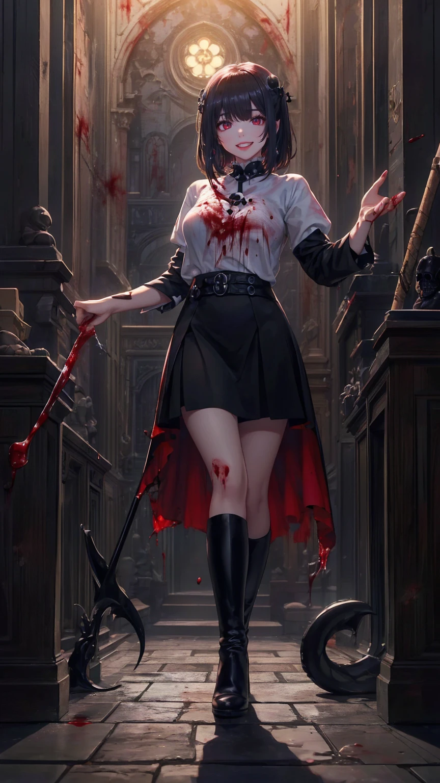 Shadowy Face　、beautiful girl、とてもcute天使、 pink t-shirt 、cute、、smile、 Long Skirt、 BLACK LONG BOOTS 、.(  best quality ,4K, high definition ,  Masterpiece :1.2),  very detailed,Realistic:1.37,  Spooky altar background  ,Dark fantasy,Red Scheme ,Ominous atmosphere,Eye-catching,story,anatomy,Anime Style,  concept art,beautiful細部までこだわった顔と (((red eyes ))),A terrifying ritual ,Satan's Ritual  ,Premature death,Inappropriate behavior, smile ,Scythe Face,Girl Monster, beautiful,  delicate facial features,   sharp eye,  sharp fangs, pale Skin, Dark Background,   movie lights, Dramatic Shadows,  gothic,   Being in a Dark Atmosphere , Dark fantasy, 1 person&#39;S,  please open your mouth wide ,  In the dark atmosphere of 。 open your mouth and peel your fangs  , Beastly Sharp Teeth , Wide lips, Very big mouth,  red cheeks , ,( Blood Splatter :1.4),Scary smile, smile, angel design , TwiSted smile、Bloody、Head bleeding,,,,,、 Blood Splatter 、,( Blood Splatter :1.4), skull bones,devil&#39;s gun,Horror Style, (( Fantasy Sweet Taffle Ruffle Pink Costume)), ((  Flowing blonde hair  )), ,( Blood Splatter :1.4),Female Curves,  sexy flat stomach ,   perfect hand, Perfect anime face, (Pink Tata Dress)),  standing, ((悪のsmile)), ,( Blood Splatter :1.4), Steam circulation, Moonlight Illumination, night lighting, ( Blood Splatter :1.6),アニメ angel design , TwiSted smile、Bloody、Head bleeding,,,,,、 Blood Splatter 、,( Blood Splatter :1.4),  skull bones,Gothic architecture、Western architecture、  fantasy world  、,Victorian city, Skeleton Gas Light, absurd,  high definition 、 ((   table top naked underneath the jacket)), ((  best quality )), (  very detailedな), ((  very detailed)), (beautiful), ((cute)), (NFSW:1.8), Alone,(:1.6)、(world&#39;最も恐ろしく気味の悪いdevilの女の子:1.5)beautiful face、  Full Body Esbian 、pale, beautiful肌、beautiful金の髪、smile gently、Dark building ruins、(snow white&#39; ruffle dress:1.3)、( Dark Ruins Are Stained with Blood :1.3)、Low angle full body shot、(少女は血の海の中に standing:1.5)、(The ground :1.3)、( that girl lost a ton of blood ....:1.3)、( smile :1.6)、Spirit、( Blood dripping from the mouth :1.3)、
