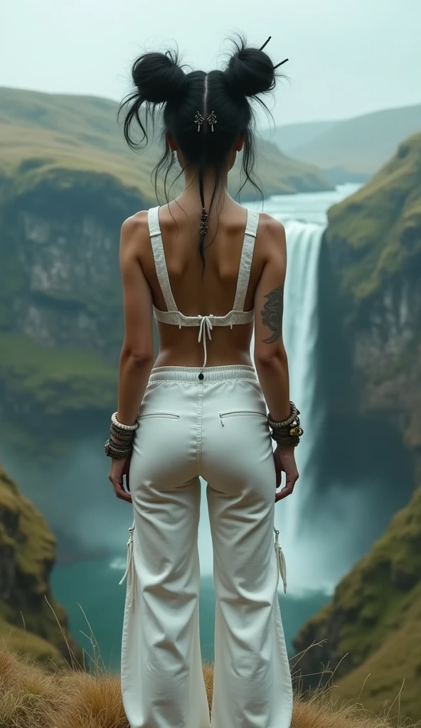 steampunk luis royo latina Woman with dark hair Double Buns, horny face, squints like she has an orgasm, luis royo style, sexy hips and legs, white long tight jogging yoga pants and short white top, on the hill sacred yoga platform and waterfall in background