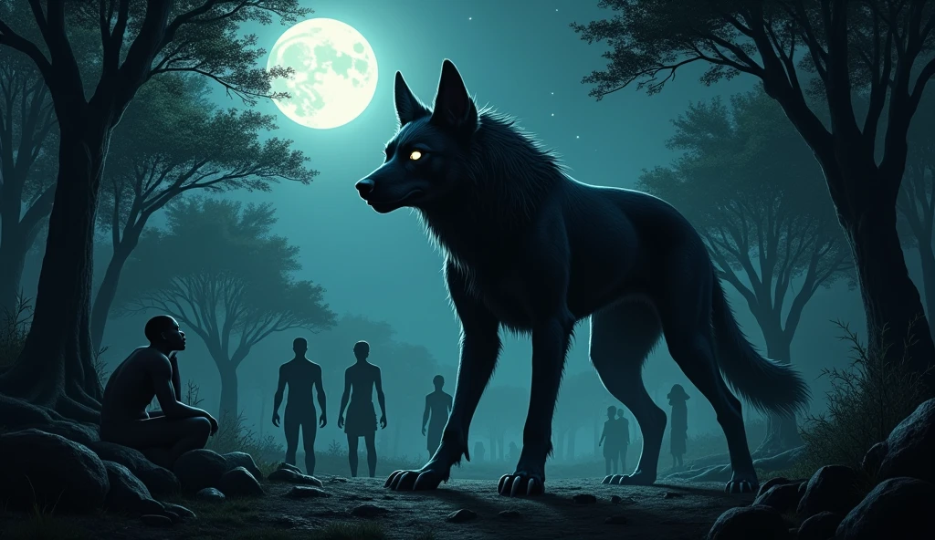 Very dark boldly wolf near forest beside people's
