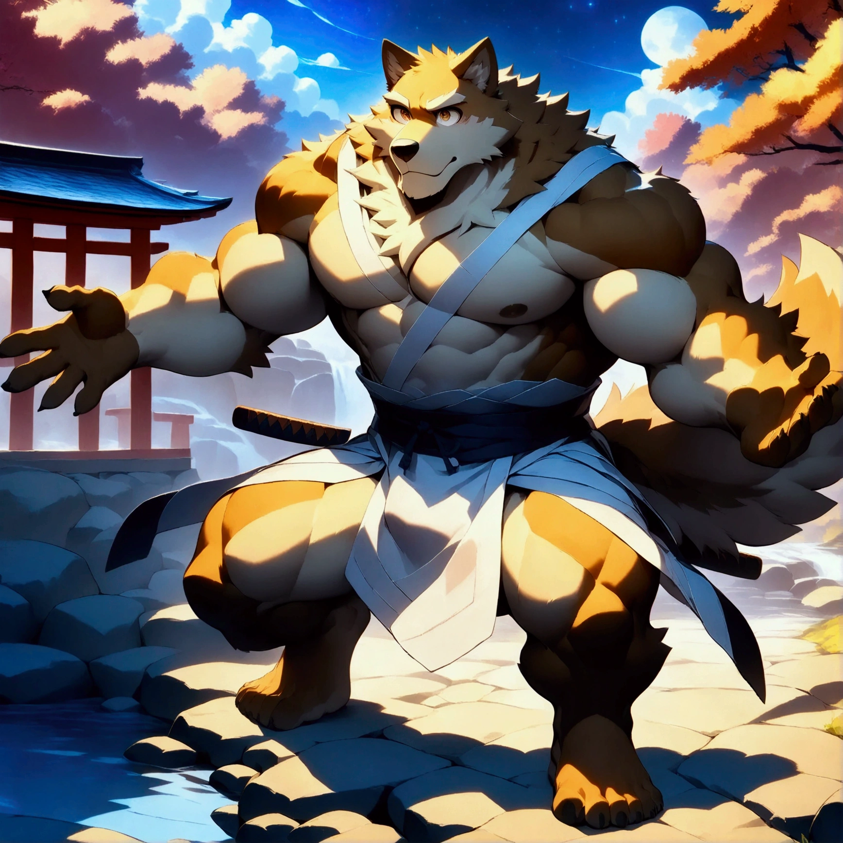 character focus, full body, looking away, dynamic angle, ninja, a muscular middle-aged akita inu man, full body in Michelangelo Buonarroti style, housamo style, digital illustration anime, character focus, full body, looking away, dynamic angle, BREAK ninja costume clothes, ninja suits, standing, crossing one's arms, in to the water fall, dynamic pose, detailed painting landscape, starry sky, kyoto, waterfall, outdoor, full color, HDR, BREAK complete anatomy, perfect proportions, beautiful thigh gap, fluffy body, intricate fur details, beautiful fur texture, BREAK a detailed akita inu 1tail, detailed toe, 5toes, 5toes nails, beautiful foot, detailed hands, 5fingers, 5fingers nails, BREAK aesthetic anime face, insanity detailed face, male face, big face, square jawline, aesthetic anime eyes, detailed brown eyes, detailed brown cornea, detailed dark brown irises, detailed pupils, male eyes, big eyes, male eyebrows, innocent look, beautiful beard, BREAK masterpiece, official art, best quality, very aesthetic, absurdres, super fine illustration, great quality, BREAK noise reduction, very highres, large filesize, high quality, 32K, 8k wallpaper, dynamic lighting, BREAK insanity detailed, ultra detailed, intricate details, extremely detailed, detailed texture, an extremely delicate and beautiful, BREAK e621 illustration, osukemo, kemohomo, anthropomorphic, furry, cartoon, harmonious body, pastoral face, virtuous eyes, epic atmosphere