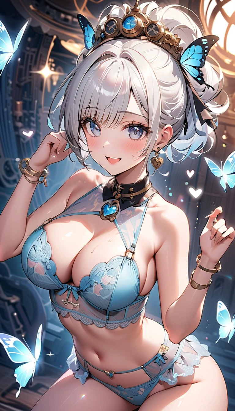 squat、Light white hair 、smile、 opens her mouth 、 dynamic pose、Steampunk.sweat、vapor、Gross、  Detailed Beautiful Faces and Eyes  ，(  gray eyes )(  viewers)(Big Breasts) " (  hair up style  )  short hair, Sparkling Butterfly々  、translucent , Brilliant delicate embroidered pastel blue sexy lingerie that reflects colorful light .  The background is sprinkled with even more sparkling hearts and sparkles , Dreamy, Sparkling atmosphere ."