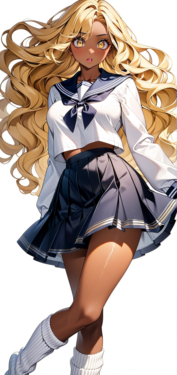 ((best quality,4k,High resolution,masterpiece:1.2)),((Character Concept Art)), 1 female, Adolescent females, Hot high school girl, ((Long hair dyed brown or blonde)), Hairstyles with Multiple Accessories, (Tan skin), Extremely fine eyes (Decorative contact lenses), fashionable, Outgoing, Socially active, slim body, ((Intricate details)), Very delicate hands, Extremely fine fingers(((Ten fingers))), Wearing a white short-sleeved school uniform shirt,bow tie, Gray school skirt, knee high school socks, and black school loafers., Heavy makeup, (casually standing), (Full body display), (revealing the whole body), (No logos on background), (No logo), ((Solid color background)), ((Solid color background)), (((Empty background)))