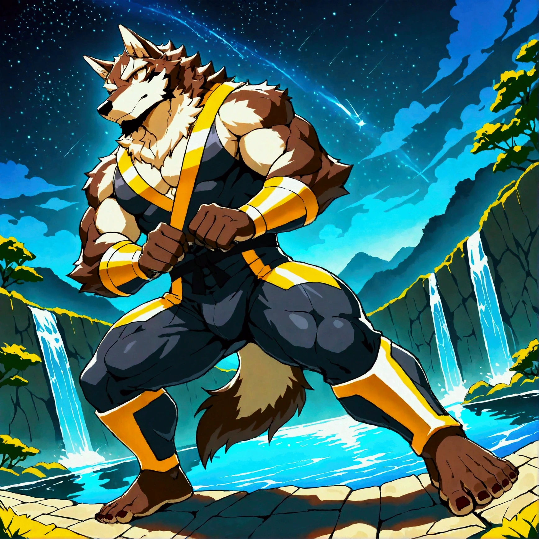 character focus, full body, looking away, dynamic angle, ninja, a muscular middle-aged akita inu man, full body in Michelangelo Buonarroti style, housamo style, digital illustration anime, character focus, full body, looking away, dynamic angle, BREAK ninja costume clothes, ninja suits, standing, crossing one's arms, in to the water fall, dynamic pose, detailed painting landscape, starry sky, kyoto, waterfall, outdoor, full color, HDR, BREAK complete anatomy, perfect proportions, beautiful thigh gap, fluffy body, intricate fur details, beautiful fur texture, BREAK a detailed akita inu 1tail, detailed toe, 5toes, 5toes nails, beautiful foot, detailed hands, 5fingers, 5fingers nails, BREAK aesthetic anime face, insanity detailed face, male face, big face, square jawline, aesthetic anime eyes, detailed brown eyes, detailed brown cornea, detailed dark brown irises, detailed pupils, male eyes, big eyes, male eyebrows, innocent look, beautiful beard, BREAK masterpiece, official art, best quality, very aesthetic, absurdres, super fine illustration, great quality, BREAK noise reduction, very highres, large filesize, high quality, 32K, 8k wallpaper, dynamic lighting, BREAK insanity detailed, ultra detailed, intricate details, extremely detailed, detailed texture, an extremely delicate and beautiful, BREAK e621 illustration, osukemo, kemohomo, anthropomorphic, furry, cartoon, harmonious body, pastoral face, virtuous eyes, epic atmosphere