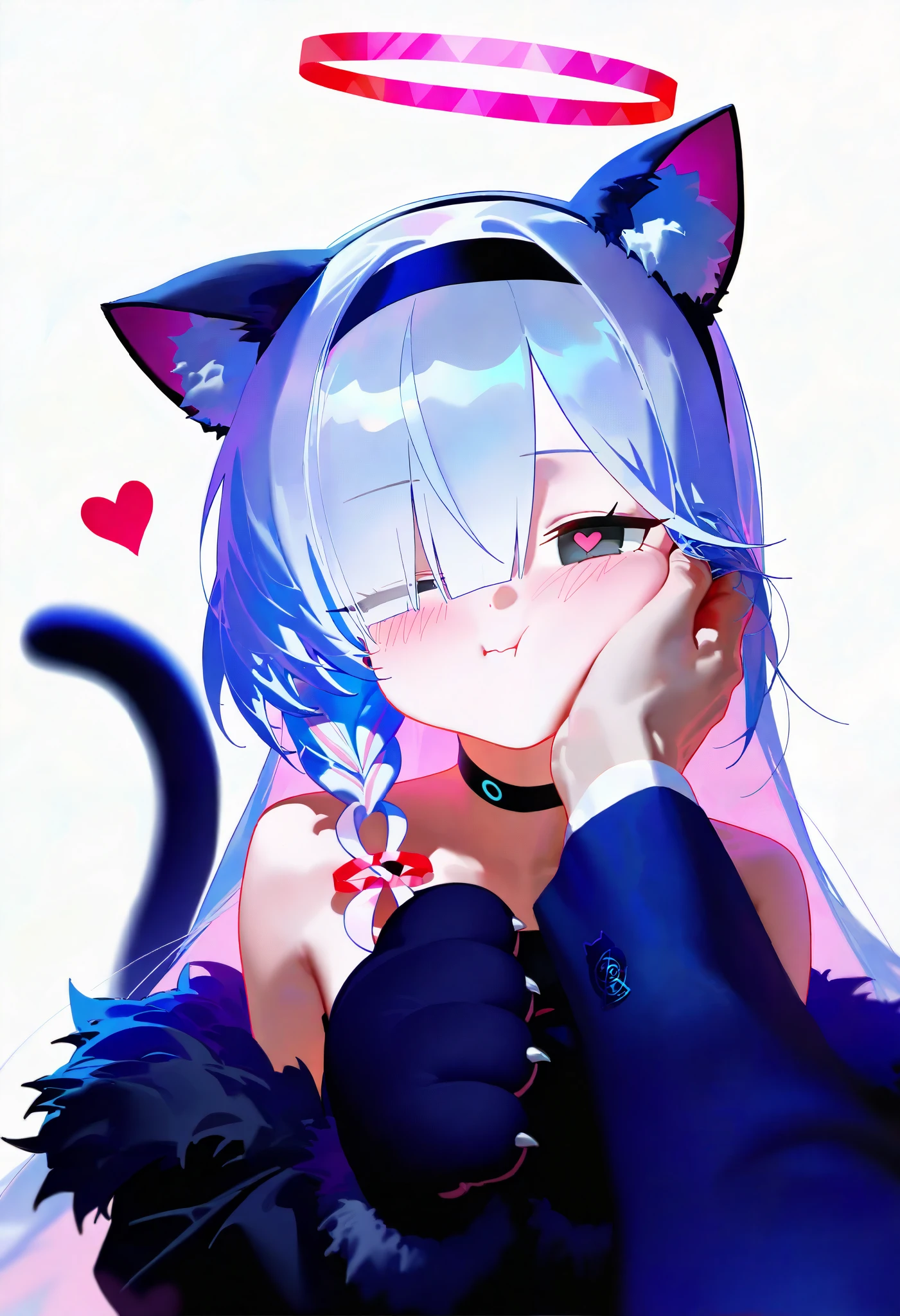 masterpiece, best quality, good quality, nyalia,
1girl, animal hands, animal ears, plana \(blue archive\), heart, halo, pov hands, black eyes, paw gloves, cat ears, pov, gloves, black hairband, long hair, cheek squash, hand on another's face, red halo, cat paws, hand on another's cheek, black choker, fur trim, hairband, symbol-shaped pupils, one eye closed, colored inner hair, braid, hair over one eye, multicolored hair, choker, looking at viewer, single braid, solo focus, pink hair, white background, white hair, fake animal ears, simple background, heart-shaped pupils, blush, red pupils, 1boy, upper body, closed mouth, bare shoulders, pink pupils, pink halo, tail, cheek press, cat tail, off shoulder, black gloves, 1other, two-tone hair, alternate costume, smile, animal ear fluff, sensei (blue archive), black coat, grey hair, long sleeves, pout
