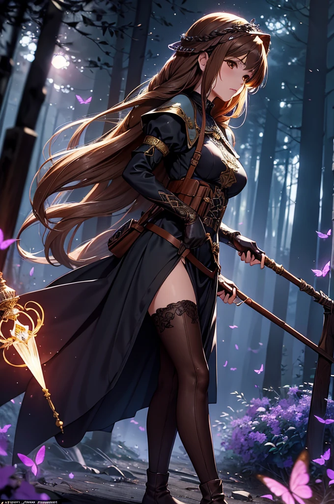 A stunning HD (High Definition) illustration of a brown-haired mage anime girl with long hair, with a braid on one side. She has brown eyes and wears a blue mage's veil on her head. She is dressed in a long-sleeve white medieval-style shirt, brown pants, and tall brown boots. She holds a mage's staff with a crystal at the tip, wearing brown gloves, and has a crossbody bag slung across her waist. The mage girl is in a forest, surrounded by ethereal, glowing red spiritual creatures shaped like butterflies, but translucent and ghostly. The atmosphere is mystical and the lighting is low, with the faint red glow of the creatures providing the only source of light. The forest background is detailed with shadows and faint moonlight. The girl’s expression is serious, and her medieval attire is finely detailed. The image should be in anime art style similar to Violet Evergarden, with smooth, polished visuals, highly detailed clothing, and well-proportioned features. The entire scene is in HD, with vibrant colors and realistic textures, creating a cinematic feel.



