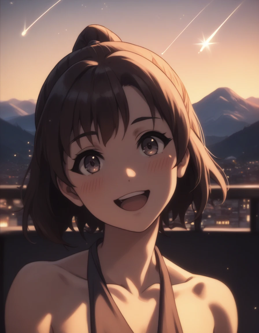 score_9, score_8_up, score_7_up, gsfghtr, halter neck, cinematic Lighting, 1girl,solo,looking at viewer,blush,smile, open mouth,top of mountain, city view, sunrise, shooting stars, (((bright light from front)))