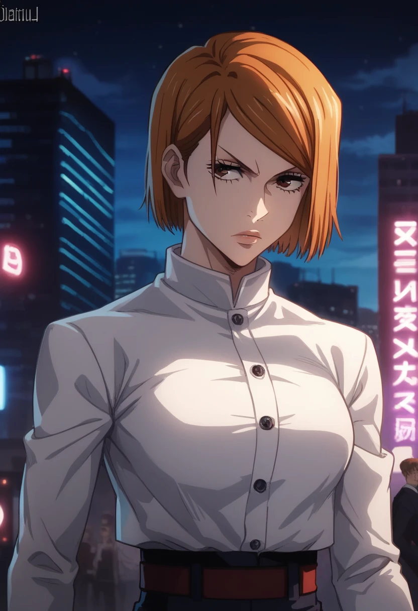 score_9, score_8_up, score_7_up, source_anime, nobara kugisaki, kugisaki nobara, bob cut, brown eyes, brown hair, lips, short hair, suit, black pants, red tie, white shirt, serious, leaning back, modern city, neon lights, dim lighting, night time, reflections, skyscraper