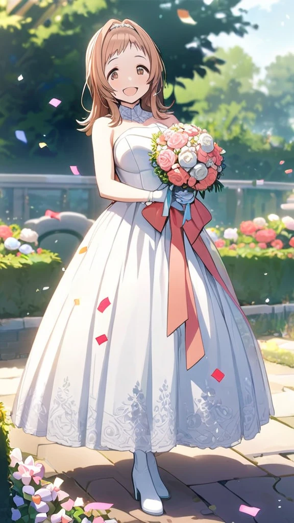 masterpiece, best quality, girl, solo, Mano Sakuragi, Brown hair, Brown Eyes, full body, wedding Dress, standing, garden, confetti, holding bouquet, smile, open mouth,