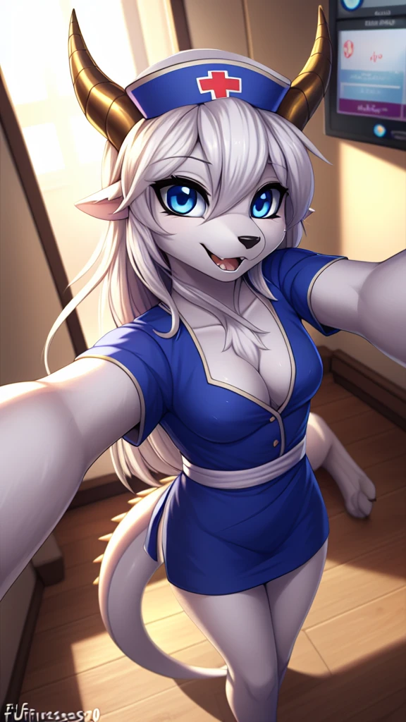 By zinfyu,by twistedscarlet60, uploaded on pixiv, by fluff-kevlar, solo female, female anthro dragon, (highly detailed beautiful face and eyes)absurdres, perfect anatomy, (masterpiece), (best quality), (solo female:1.2), (extremely detailed:1.3), Sharp:1.2, (detailed eye,blue eye),BREAK, Buster whelp, from yu-gi-oh, asian facial, canine mouth, white hair, long hair, white fur, detailed fur, fluffy fur, beautiful face, canine nose, black nose, white, white body, small breast, golden horn, perfect figure beautiful woman:1.4, Hourglass body:1.2, tail,slim, beautiful eyelashes, long eyelashes, View on viewer, closeup, (dragon tail:1.1), short tail, close view, closeup photo of buster whelp, mature woman ,shy face, looking on viewer, focus on face, nurse reaching for me anxiously, hospitals, Hospital room, blue nurse's outfit, closeup selfie of whelp, selfie, 