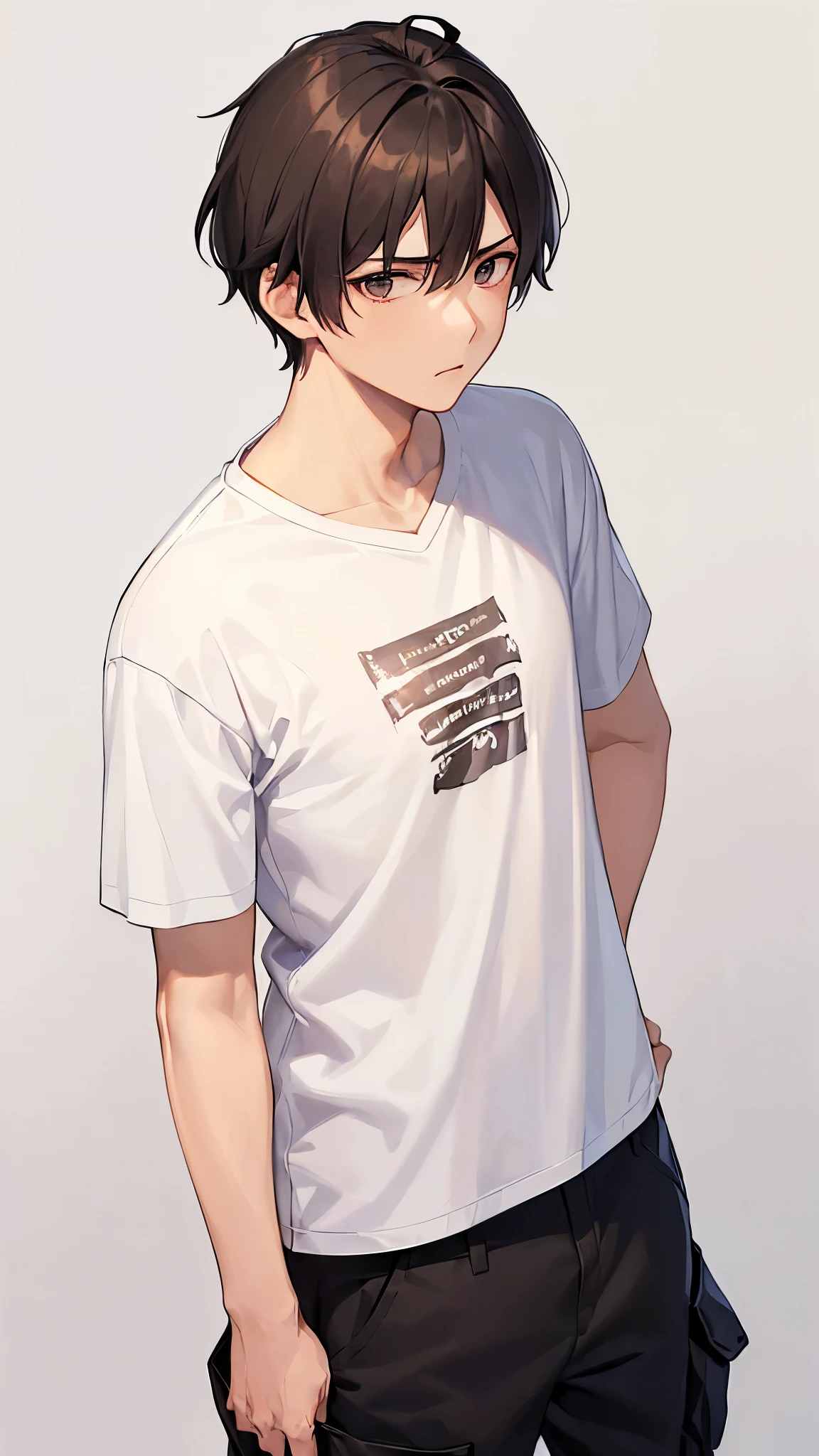  ((( The background is a white wall )))、((( Masterpiece ,  best quality)))、 impasto, Alone, (((1 male, Good look , 25-year-old male,  brown hair)))、((( short hair)))、((( sad expression )))、((( tired look)))、((( white t-shirt)))、(((T-shirts with text)))、(((I'm touching my chin )))、((( T-shirt with English letters written on the chest {x} T-shirt with English letters written on the chest)))、((( I'm wearing black cargo pants )))、 T-shirt with red letters written on the chest  、(((Frame In)))、  T-shirt with English letters written on the chest 