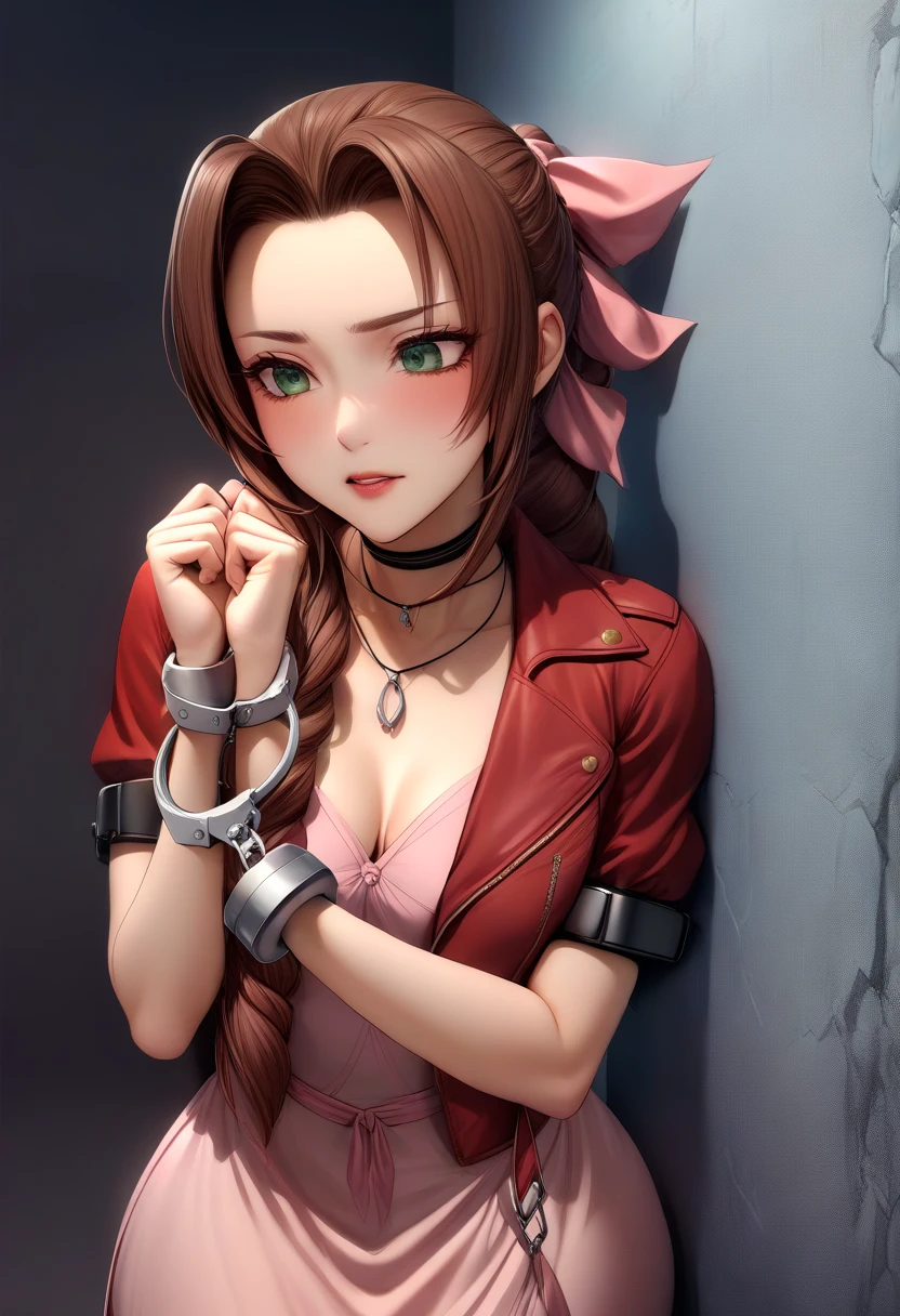 1girl   defaerith, braided ponytail, hair bow, pink bow, choker, necklace, cropped jacket, red jacket, short sleeves, pink dress, long dress,extremely detailed,high definition restrained,arrest,restrained,shackles,(((handcuffs, cuffs, upper body, handcuff, bound wrists))),masterpiece, best quality,aerith handcuffs behind her back,2 .escort in handcuffed.handcuffed behind back. Aerith,handcuffed,aerith handcuffed .arrested..handcuffs behind her back.aerith cuffed behind her back. Aerith handcuffed behind back. cuffed aerith behind her back. Aerith handcuffed behind her back,ass_shake bent_over ass_focus Againt_wall,hand behind back