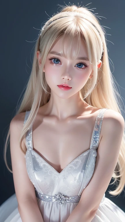 Portrait、、Bright expression、Young, lustrous, glowing, white skin、The best beauty、Blonde reflection、Platinum blonde hair with gorgeous highlights、Shiny and shiny hair、Super long silky straight hair、Shiny beautiful bangs、Big, bright, light blue eyes that shine beautifully、Very big eyes、Very beautiful nice cute 15 year old beautiful girl、Ample Bust、The skin is delicate,Head up,Giant Mouth,look at me,((full throat),((breathe)),(Throat),Sweat,Interrupt),the dress is dripping,super low neck dress,No underwear,Pantyless,Water spray、bangs over eyes、片bangs over eyes、Bangs between the eyes、Small Face Beauty、Cheek gloss highlighter、Small Face Beauty、Round face