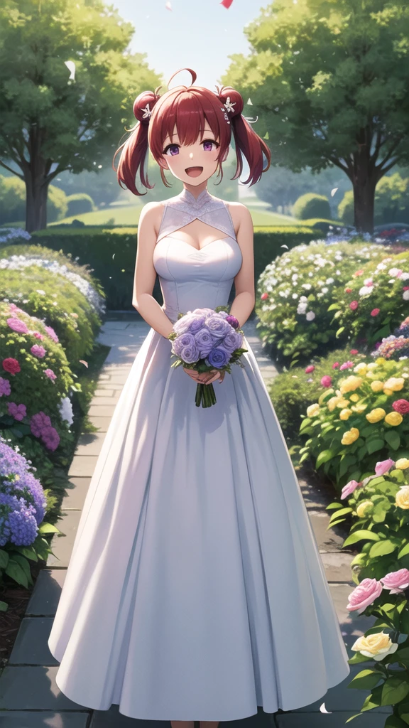 masterpiece, best quality, highres, 1girl, solo, short hair, red hair, short twintails, double bun, ahoge, hair ornament, purple eyes, large breasts, wedding Dress, standing, garden, confetti, holding bouquet, smile, open mouth,