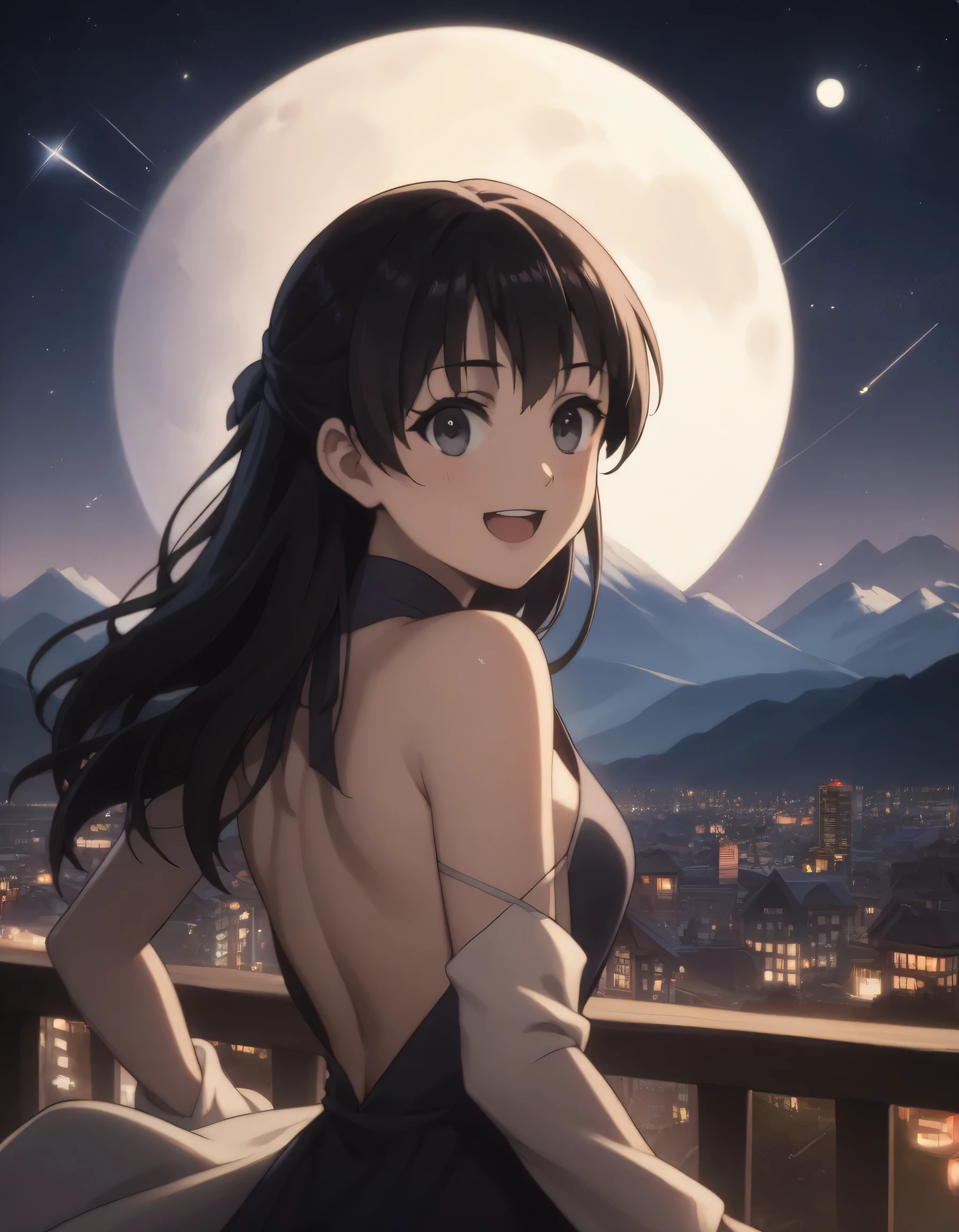 score_9, score_8_up, score_7_up, gsfghtr, (long straight hair), black hair, Backless Dress, mukena, cinematic Lighting, 1girl,solo,looking at viewer,blush,smile, open mouth,top of mountain, city view, moon, shooting stars, (((bright light from front))), from back