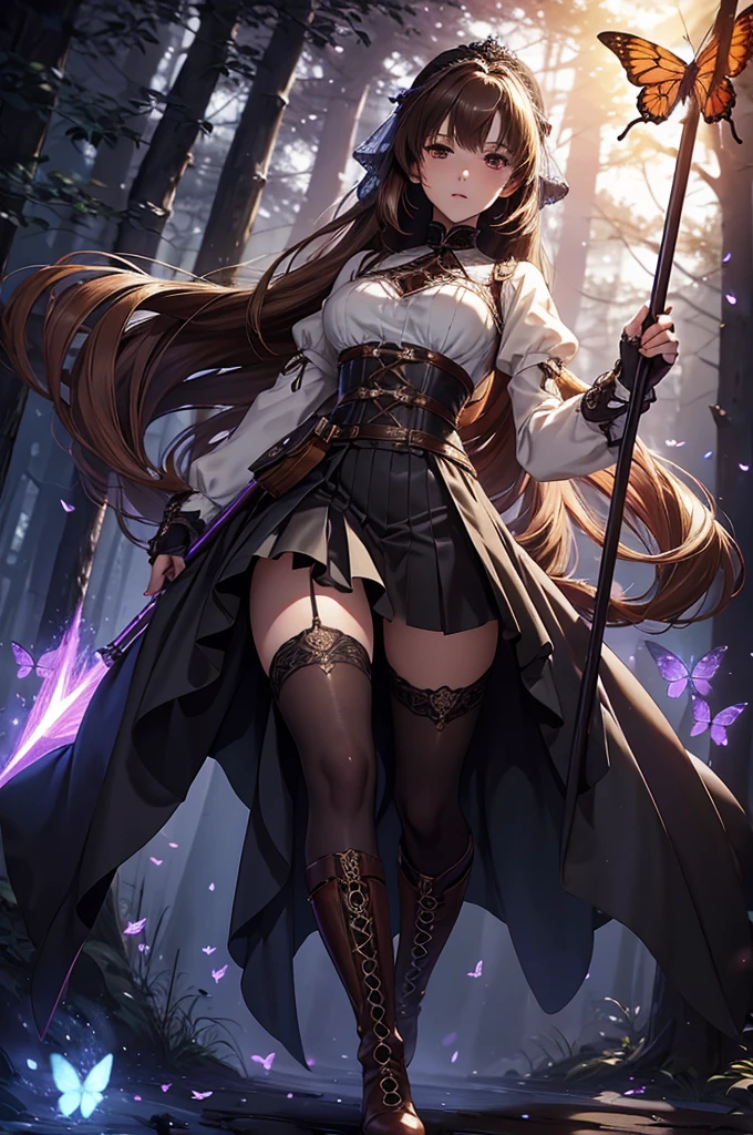 A stunning HD (High Definition) illustration of a brown-haired mage anime girl with long hair, with a braid on one side. She has brown eyes and wears a blue mage's veil on her head. She is dressed in a long-sleeve white medieval-style shirt, brown pants, and tall brown boots. She holds a mage's staff with a crystal at the tip, wearing brown gloves, and has a crossbody bag slung across her waist. The mage girl is in a forest, surrounded by ethereal, glowing red spiritual creatures shaped like butterflies, but translucent and ghostly. The atmosphere is mystical and the lighting is low, with the faint red glow of the creatures providing the only source of light. The forest background is detailed with shadows and faint moonlight. The girl’s expression is serious, and her medieval attire is finely detailed. The image should be in anime art style similar to Violet Evergarden, with smooth, polished visuals, highly detailed clothing, and well-proportioned features. The entire scene is in HD, with vibrant colors and realistic textures, creating a cinematic feel.



