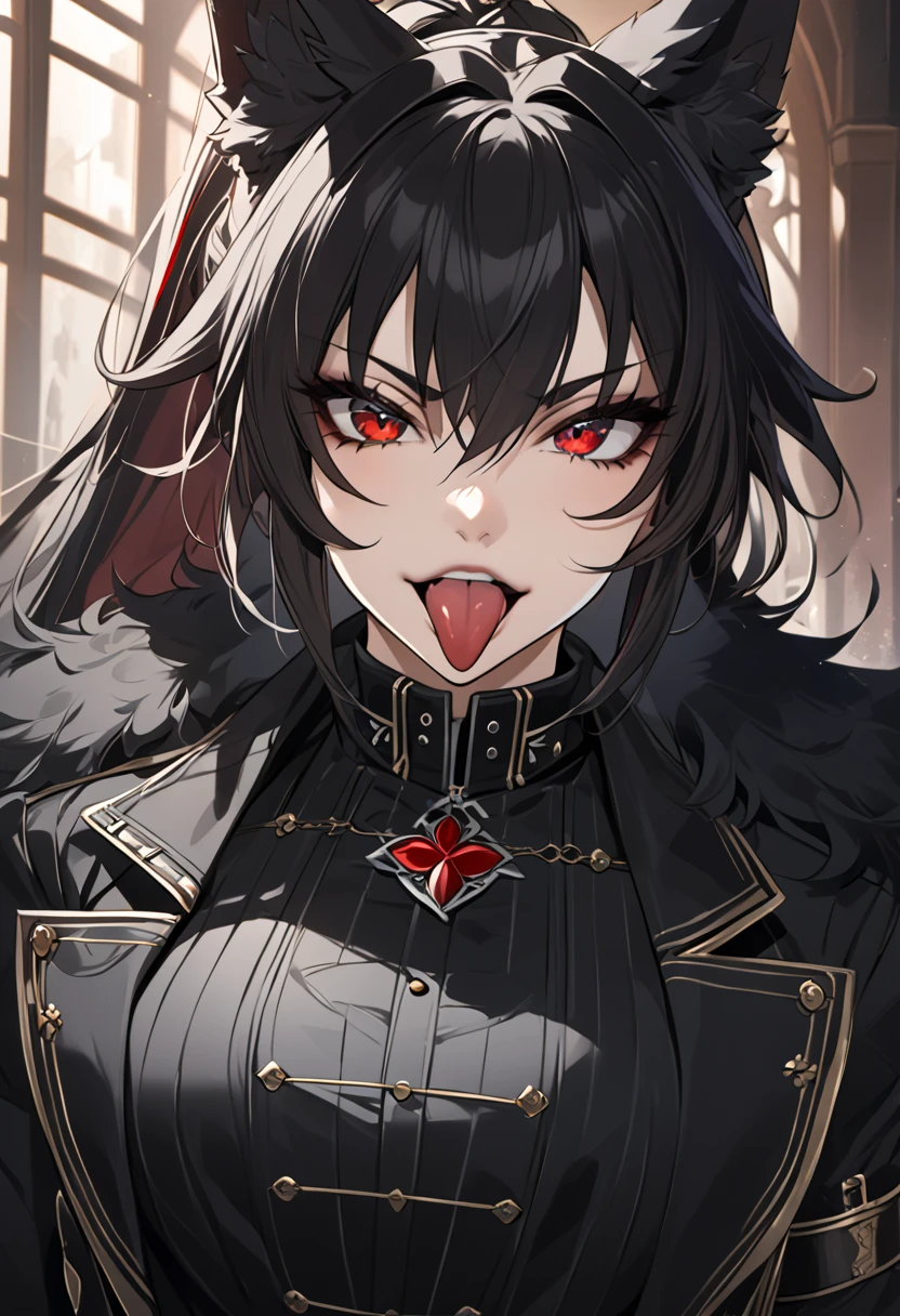 beautiful anime woman wearing a black military trench coat, tight black jeans pants, wolf ears, wolf tail, half wolf and half human, red eye color, black hair in a ponytail, light novel art, detailed anime art, anime, regal, royal, sexy, thicc, beautiful feminine facial features, flirtatious, sultry, slutty, petite, sharp canines, aheago, villain, all black clothing, high quality, very detailed anime art, feminine, slender face, military general vibes, pretty girl, good lighting, close up shot of face, sticking her tongue out expression, lewd, red highlights, lewd smile, cute