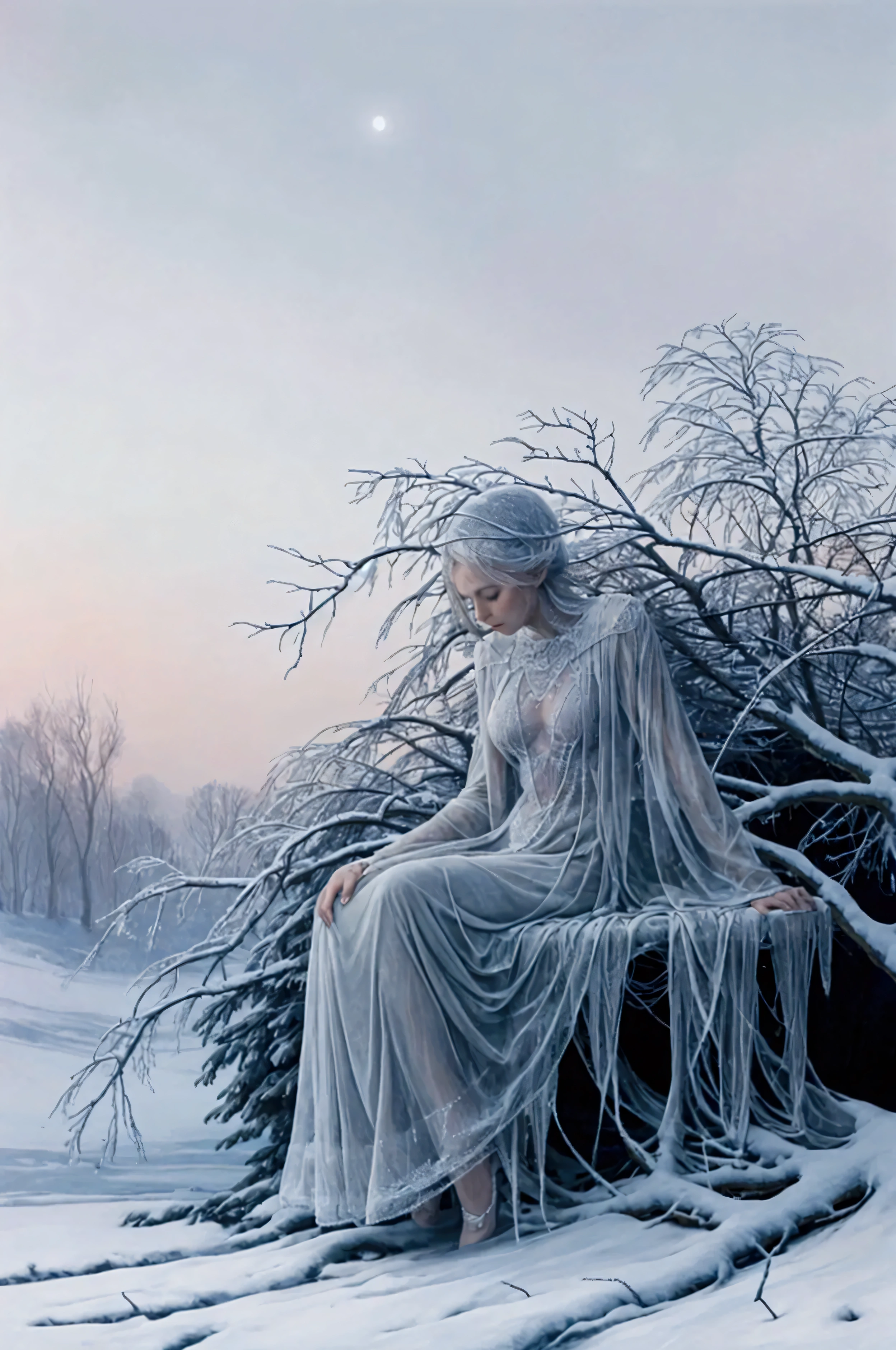 A highly detailed image of a woman covered in delicate frost, perched on its intricately woven web, which glimmers with ice crystals. The woman’s body and legs are coated in a thin layer of frost, highlighting its textured exoskeleton and creating a shimmering, otherworldly appearance. The surrounding winter landscape is serene, featuring snow-covered trees and a soft, misty sky. In the background, the pale sunlight filters through bare branches, casting a gentle glow over the scene, while frost-covered grass and shrubs add to the cold, tranquil ambiance. The overall composition conveys the quiet beauty of nature in winter.