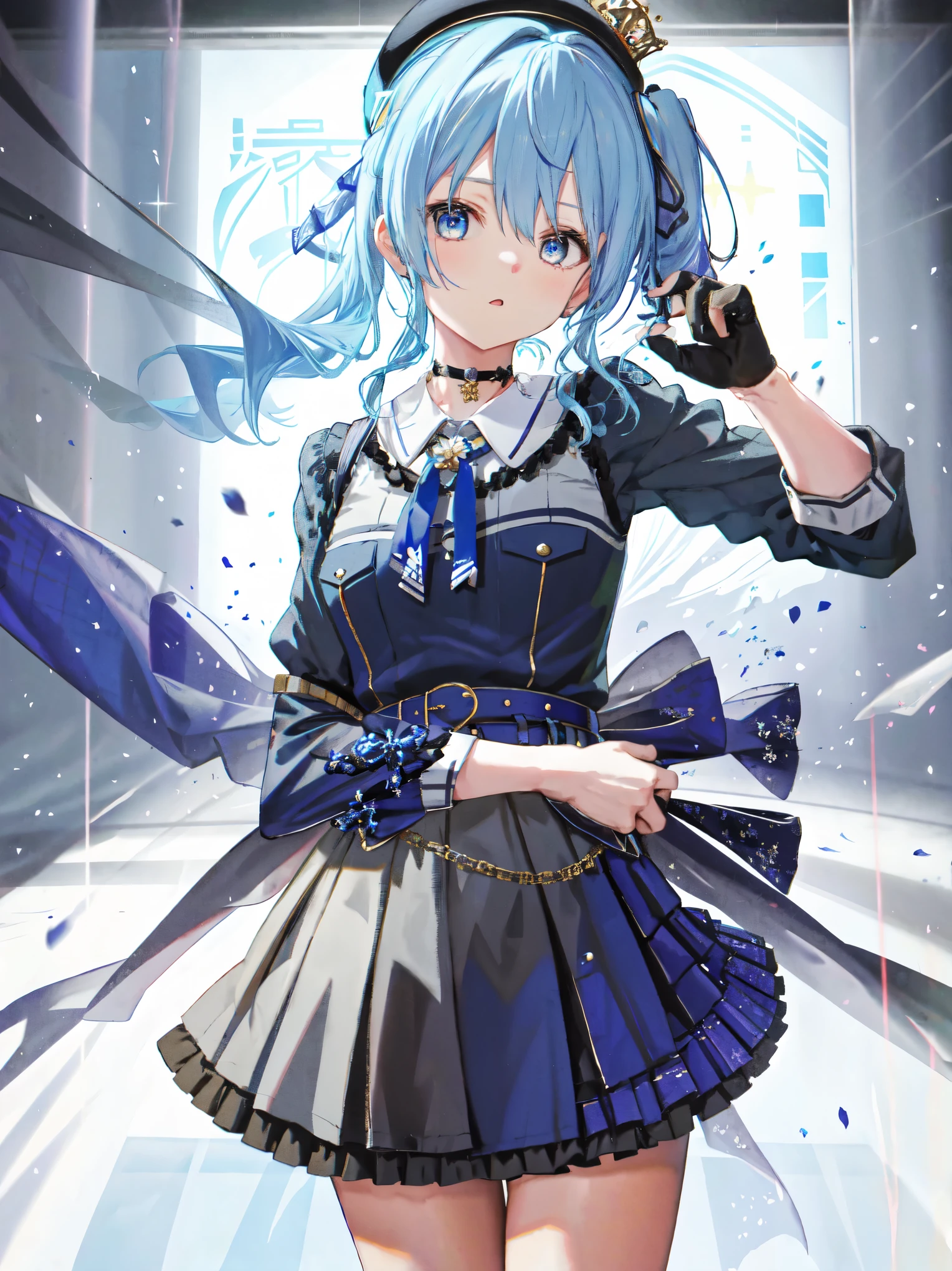  1 girl,  Hoshimachi Suisei,  blue eyes, Gloves,  blue hair, Check pattern,  choker,  open her mouth , Check pattern headwear,  side ponytail, beret,  crowns,  skirt, black Gloves, partially fingerless Gloves, Check pattern  skirt,  shirt,  hair between eyes, belt, ribbon, No microphone, ((no microphone)), ((no hands), ((no arms)), 