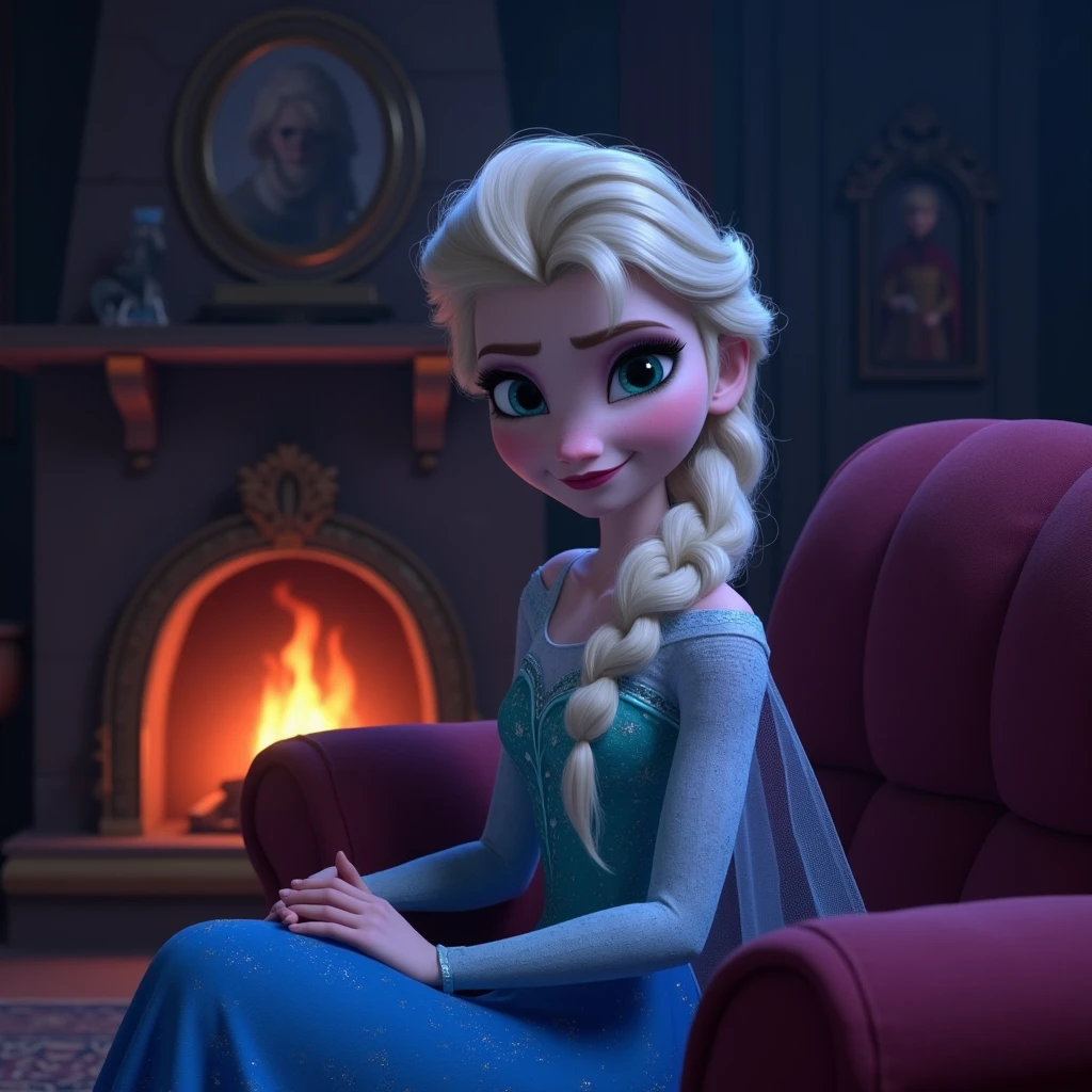 Score_9, score_8_up, score_7_up, (masterpiece:1.4),(best qualit:1.4),(high resolution:1.4),elsa of arendelle, blue ice dress, single braid ,sitting,single braid,(looking at viewer:1.1),(night:1.2),couch,fireplace,smile,1girl,solo,solo focus, Disney-Pixar 