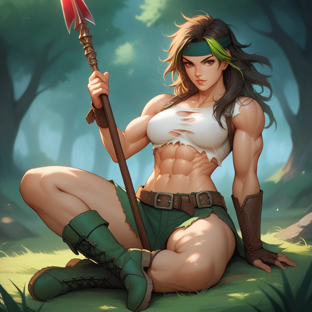 Savage, girl, breasts, navel, holding, brown eyes, sitting, full body, weapon, boots, outdoors, midriff, holding weapon, tree, headband, torn clothes, abs, grass, polearm, nature, forest, toned, spear, holding polearm, green footwear, dyed bangs