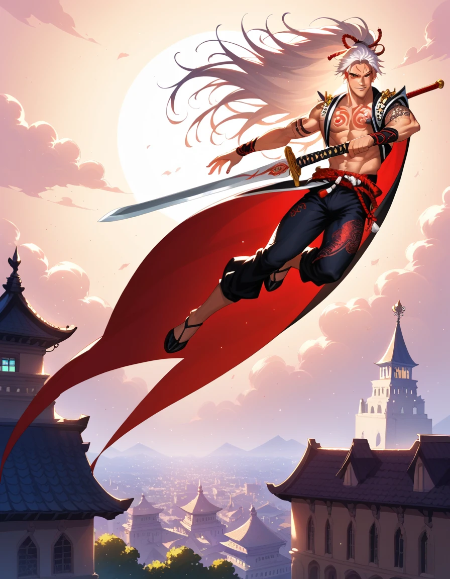 score_9, score_8_up, score_7_up, (masterpiece:1.2), (best quality:1.3), 1boy, solo, white hair, sword, jumping in the air, city, BaiÅken Eishun, official art, poster art, dau-al-set, portrait, red tattoo, low light, dark, dim, cinematic lighting, high contrast, rim lighting, ray_tracing, global illumination, glow
